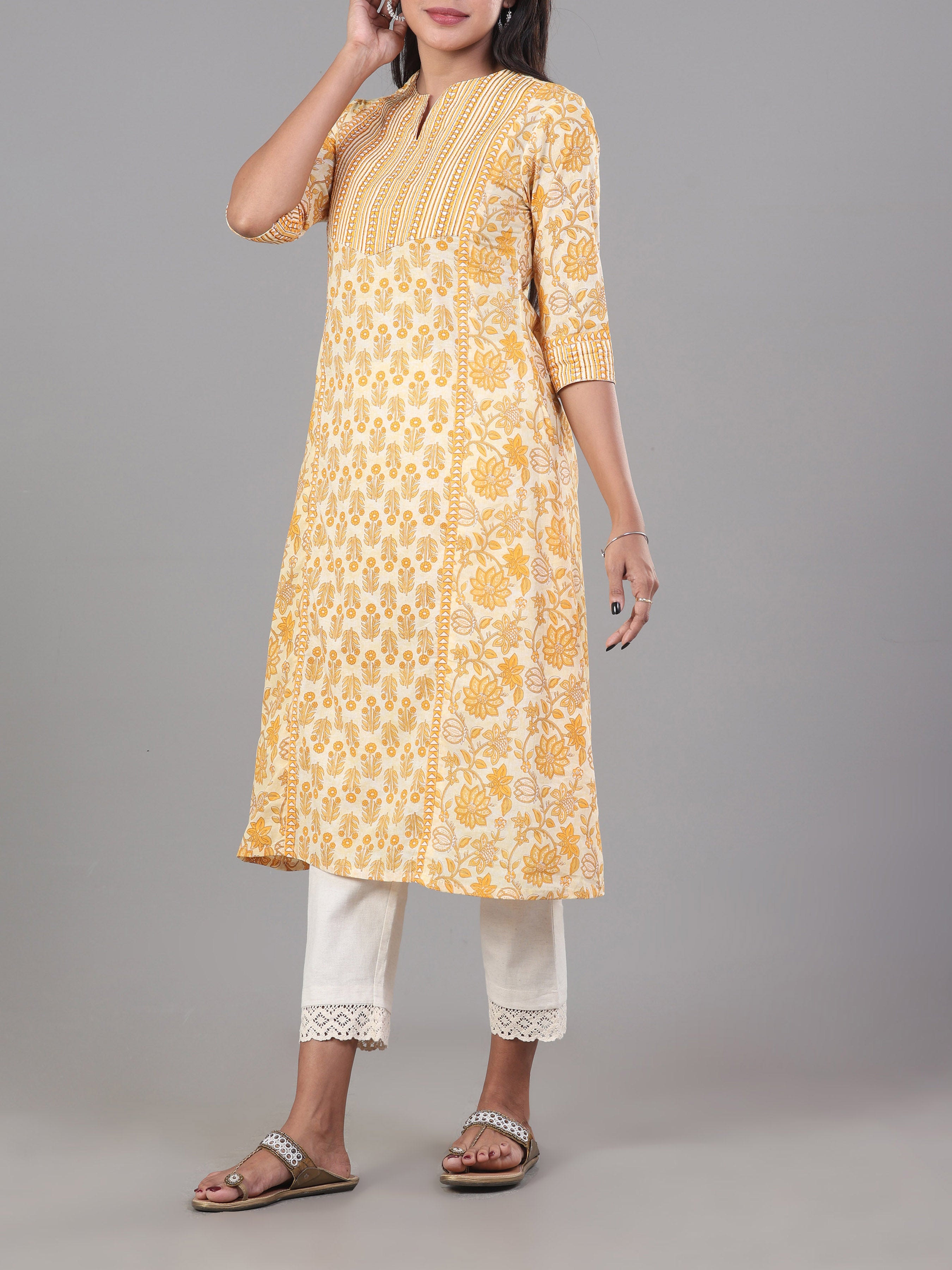 White Pure Cotton Printed Kurti With Embroidery
