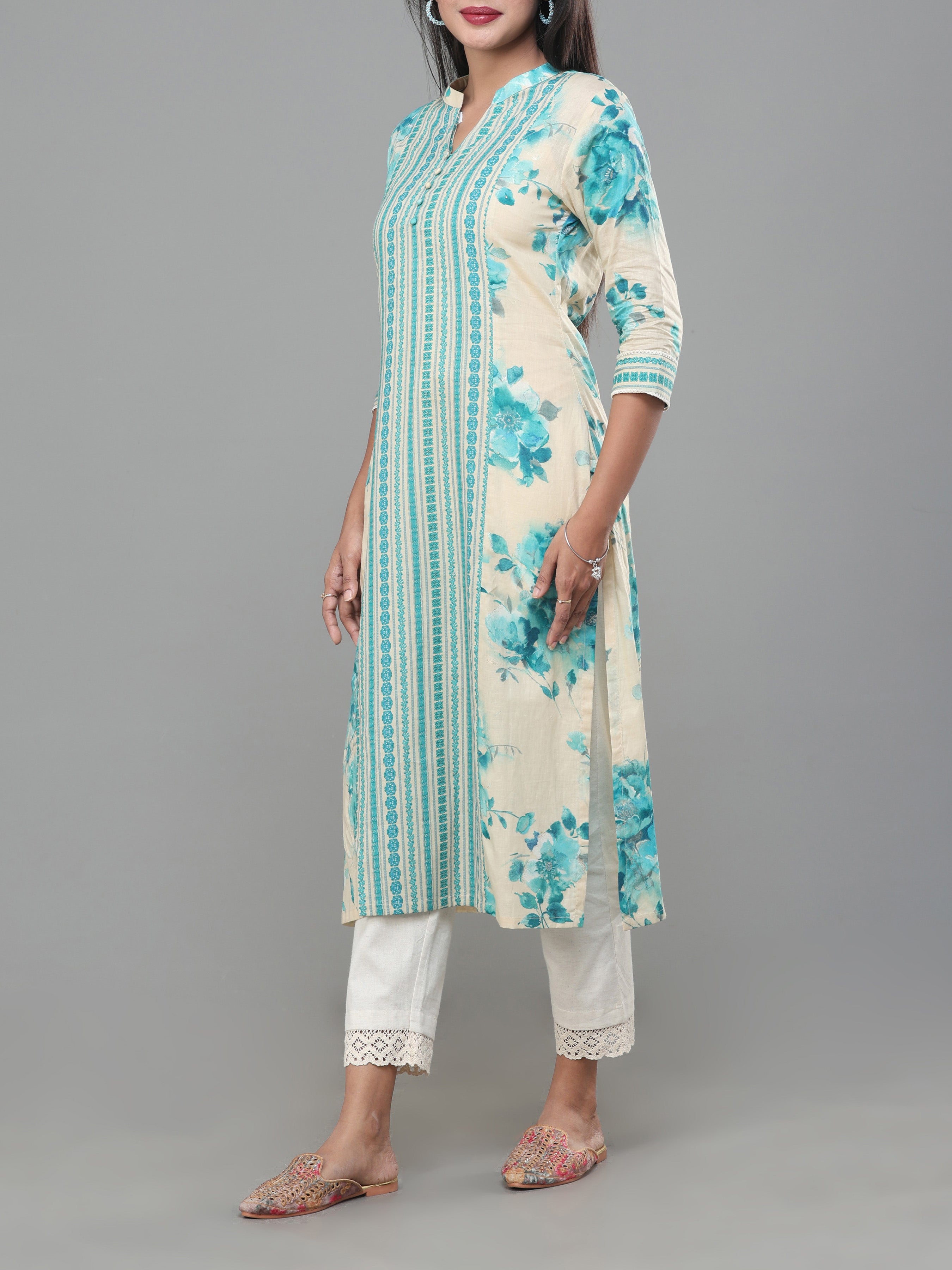 Beige And Blue Pure Cotton Printed Kurti With Center Cut
