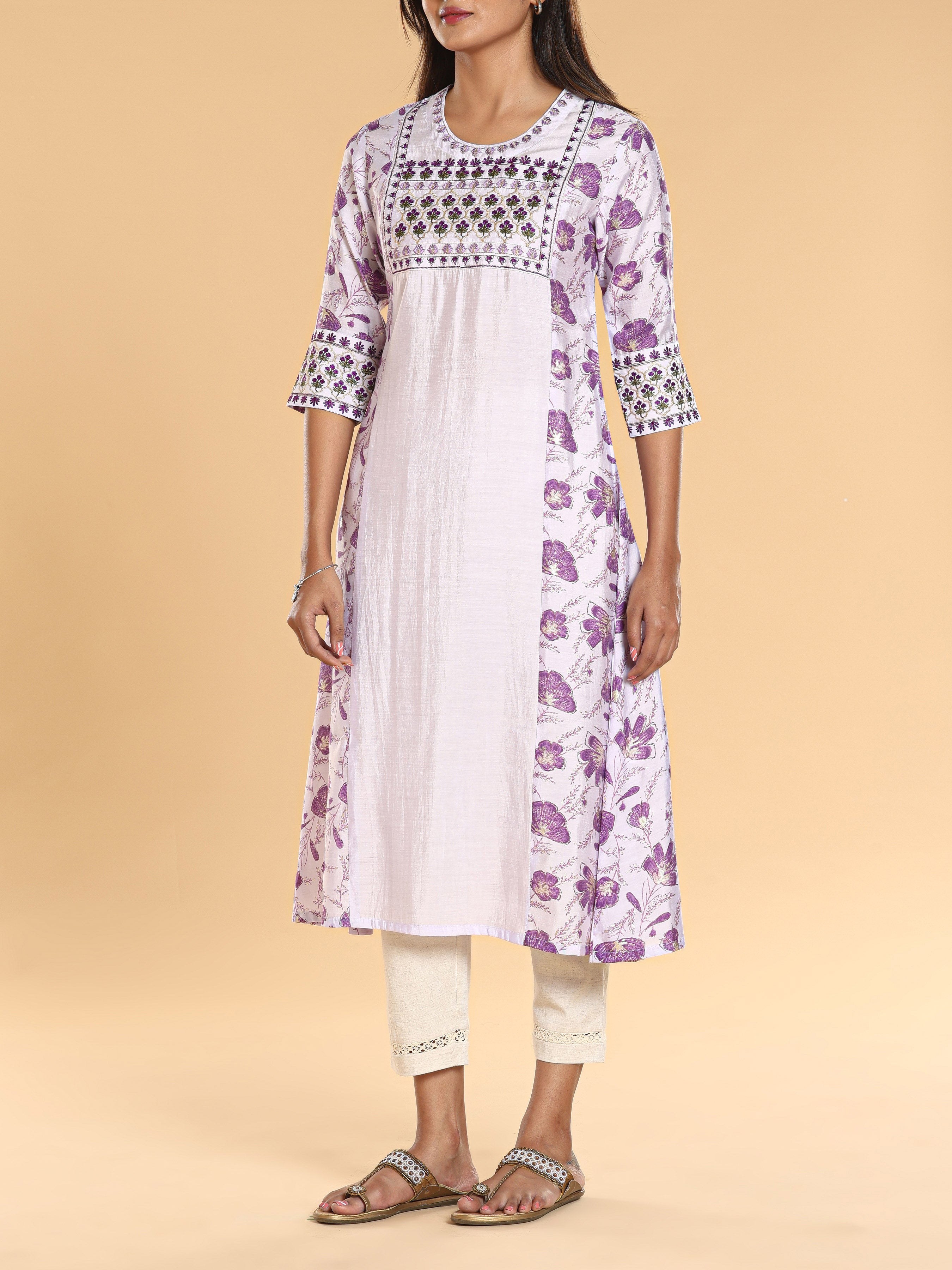Lilac Blue Modal Chanderi Printed Kurti With Embroidery