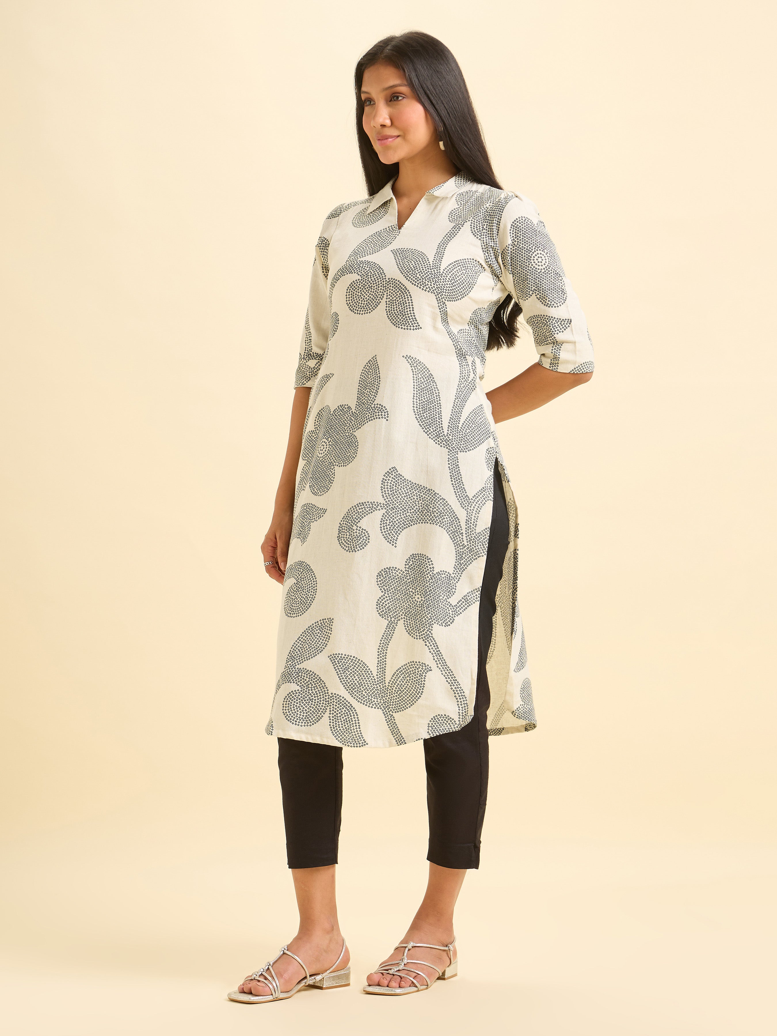 Ivory Cotton Flax Printed Kurti With Liberty Cut.