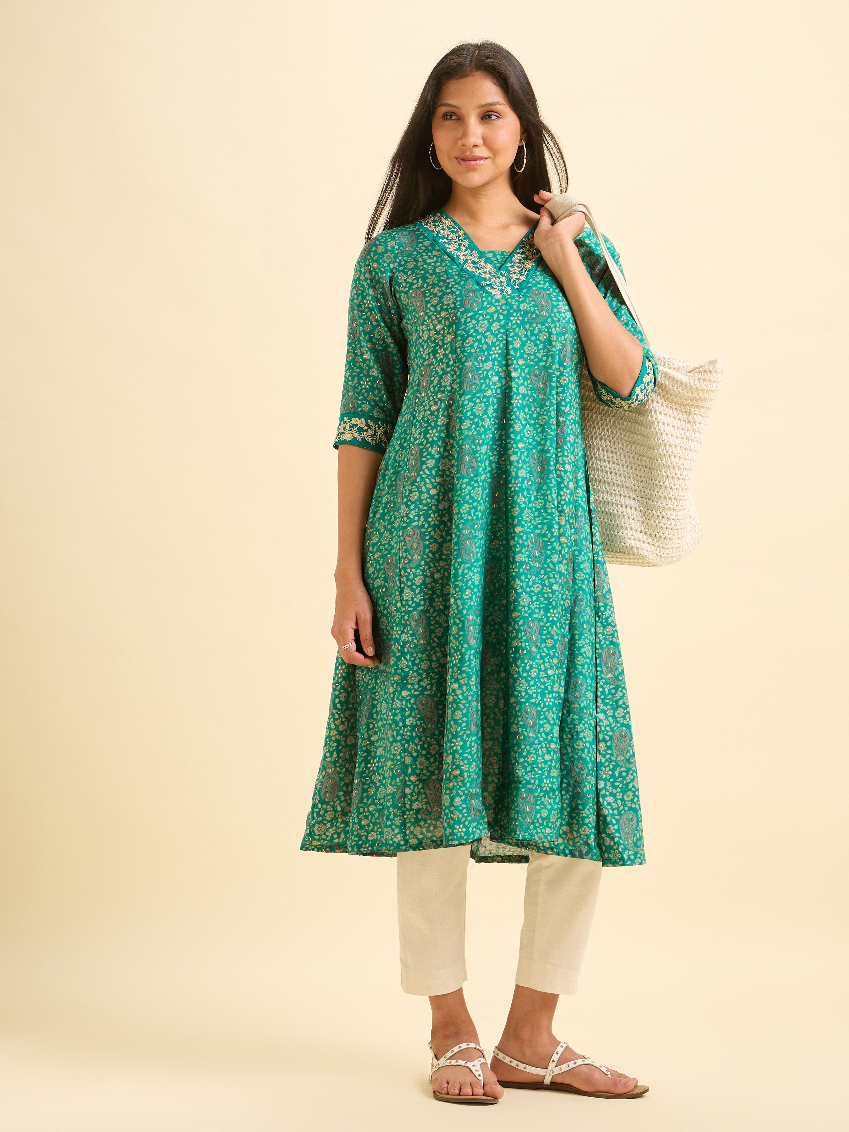 Rama Green Modal Chanderi Kali Cut Printed Kurti With Embroidery