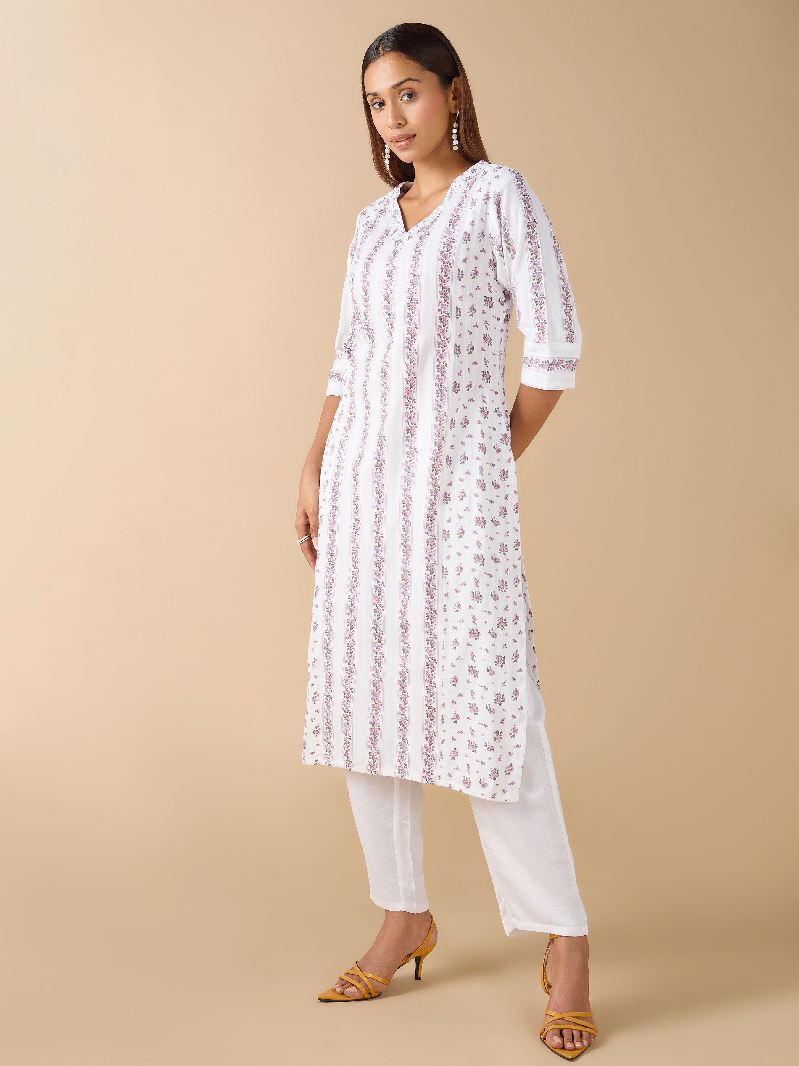 White Cotton Dobby Floral Printed Kurti With Sequins Work