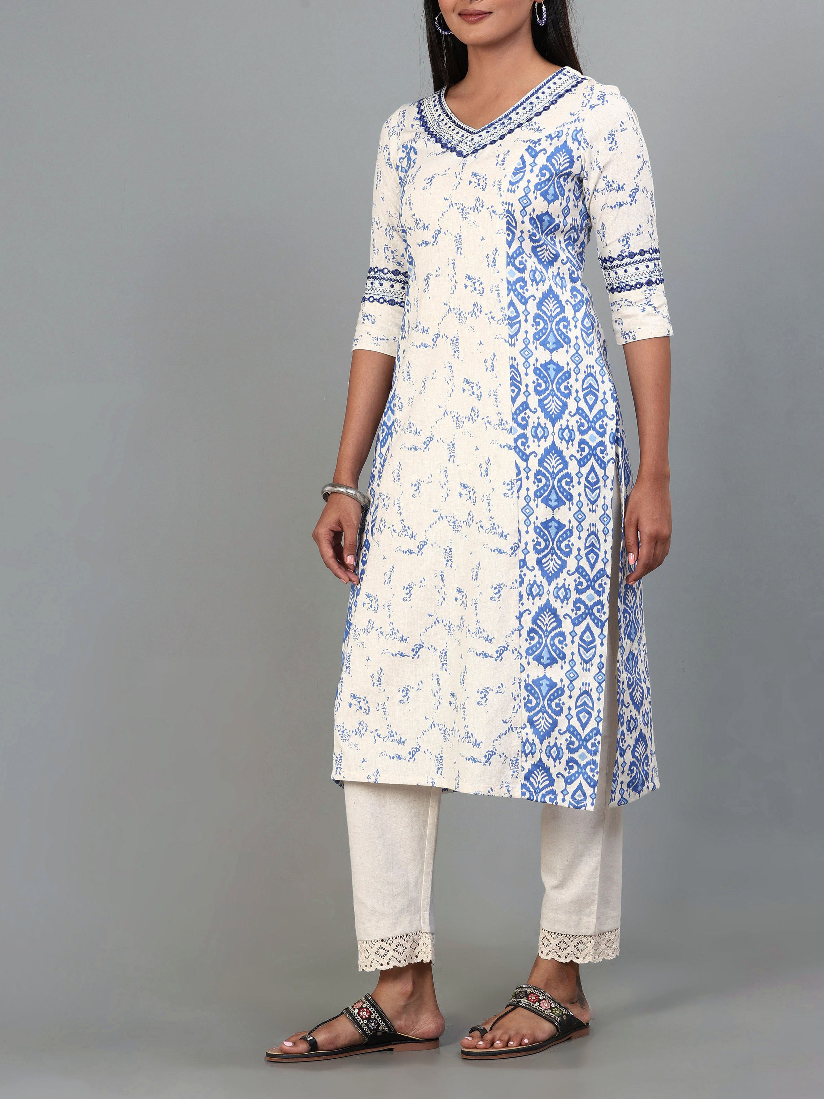 Multi Colour Cotton Flax Kurti With Embroidery