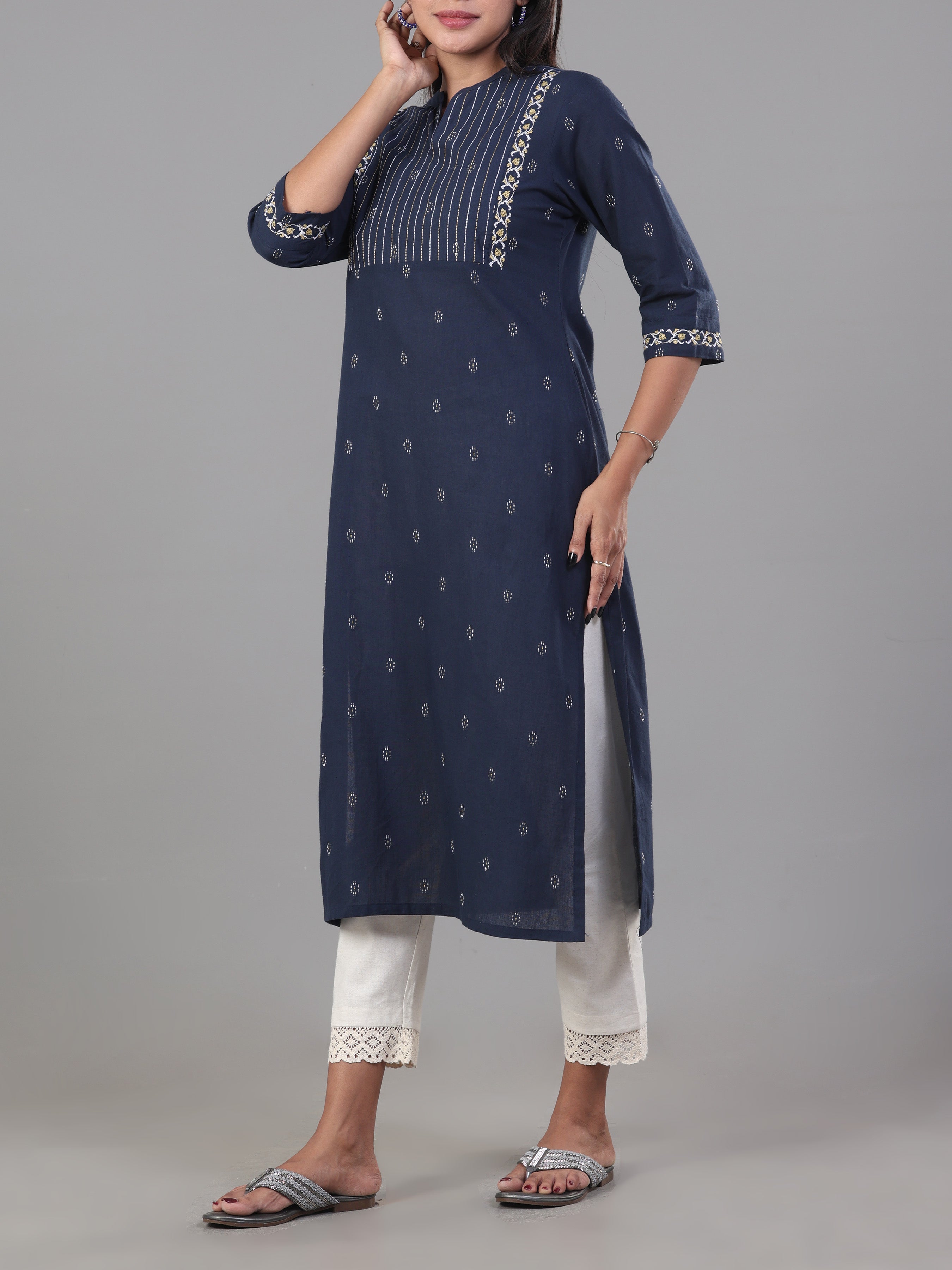 Navy Blue Cotton Dobby Kurti With Embroidery