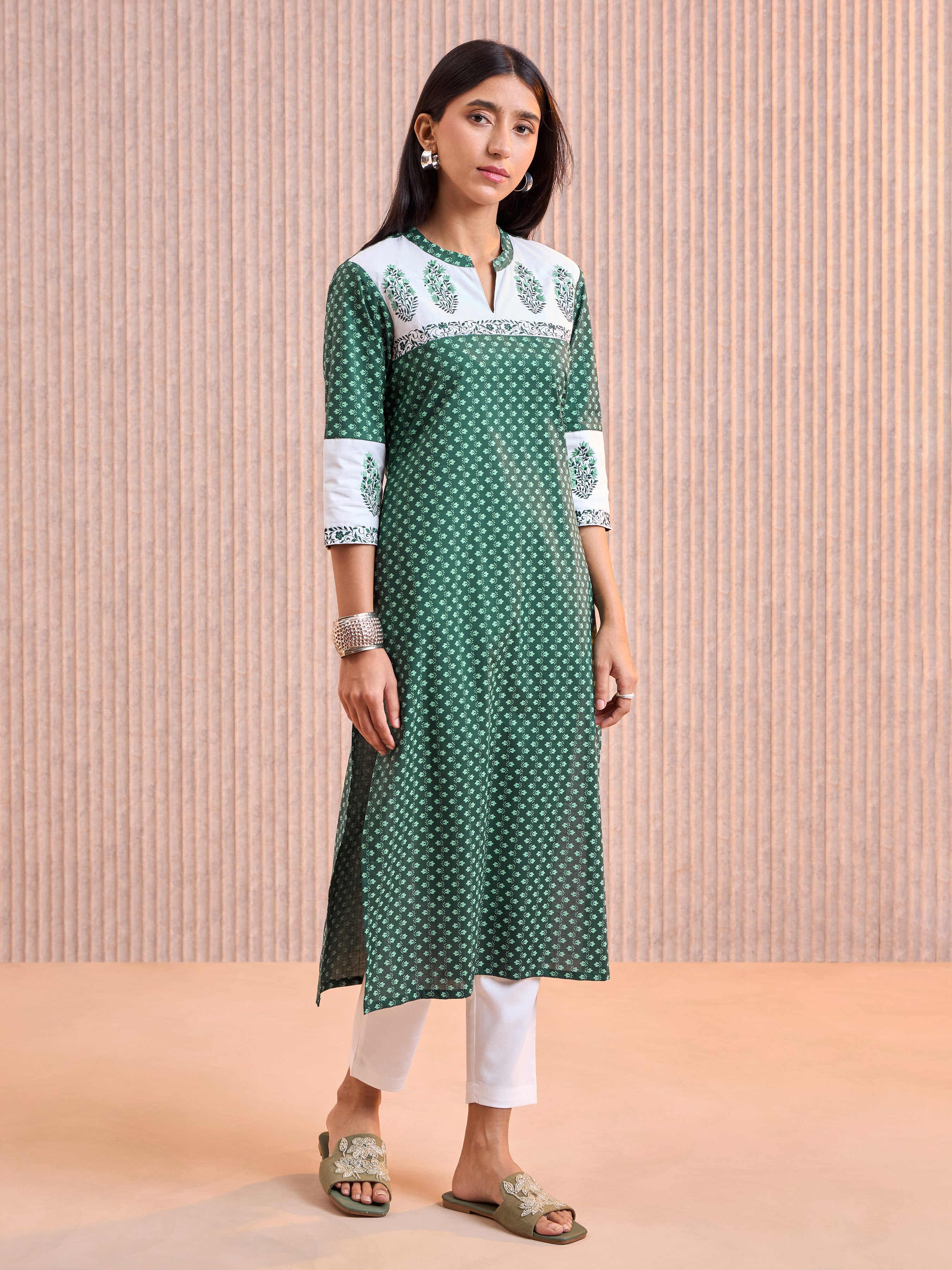 Green And White Pure Cotton Printed Kurti With Embroidery