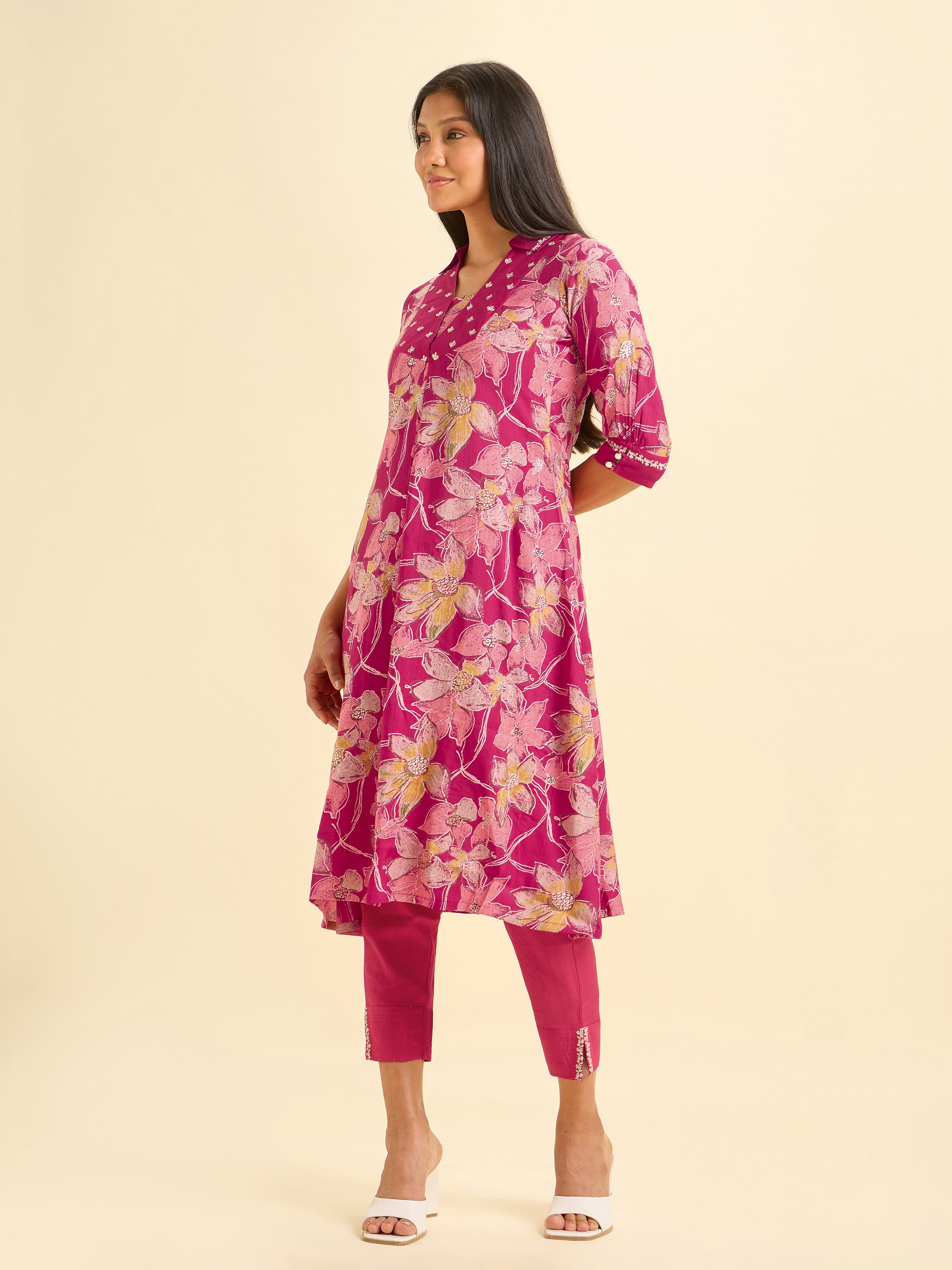 Magenta Viscose Blend Foil Printed Flared Kurta Set With Sequins Embroidery