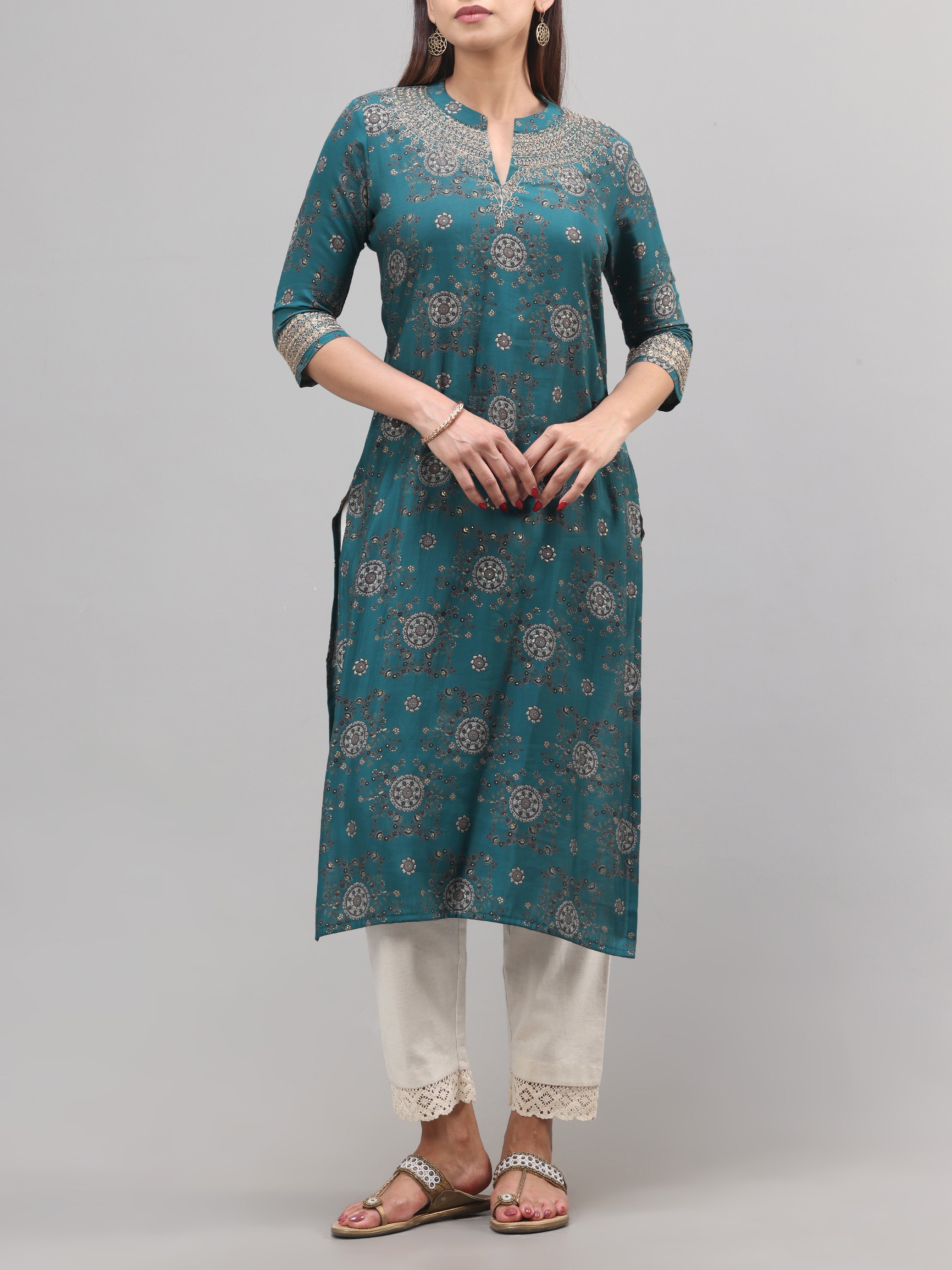 Teal Colour Modal Chanderi Kurti With Print