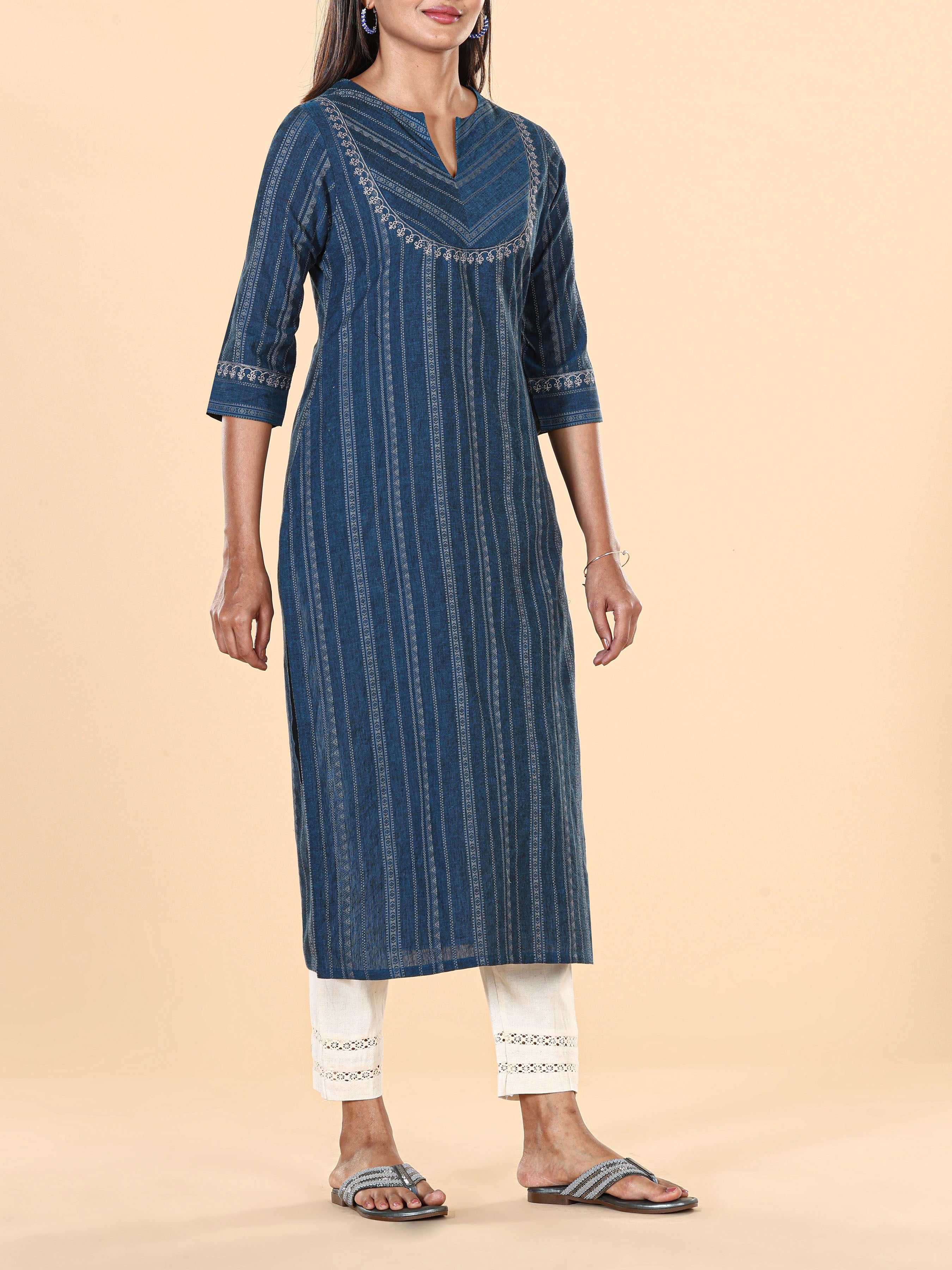 Denim Blue Cotton Dobby Kurti With Embroidery