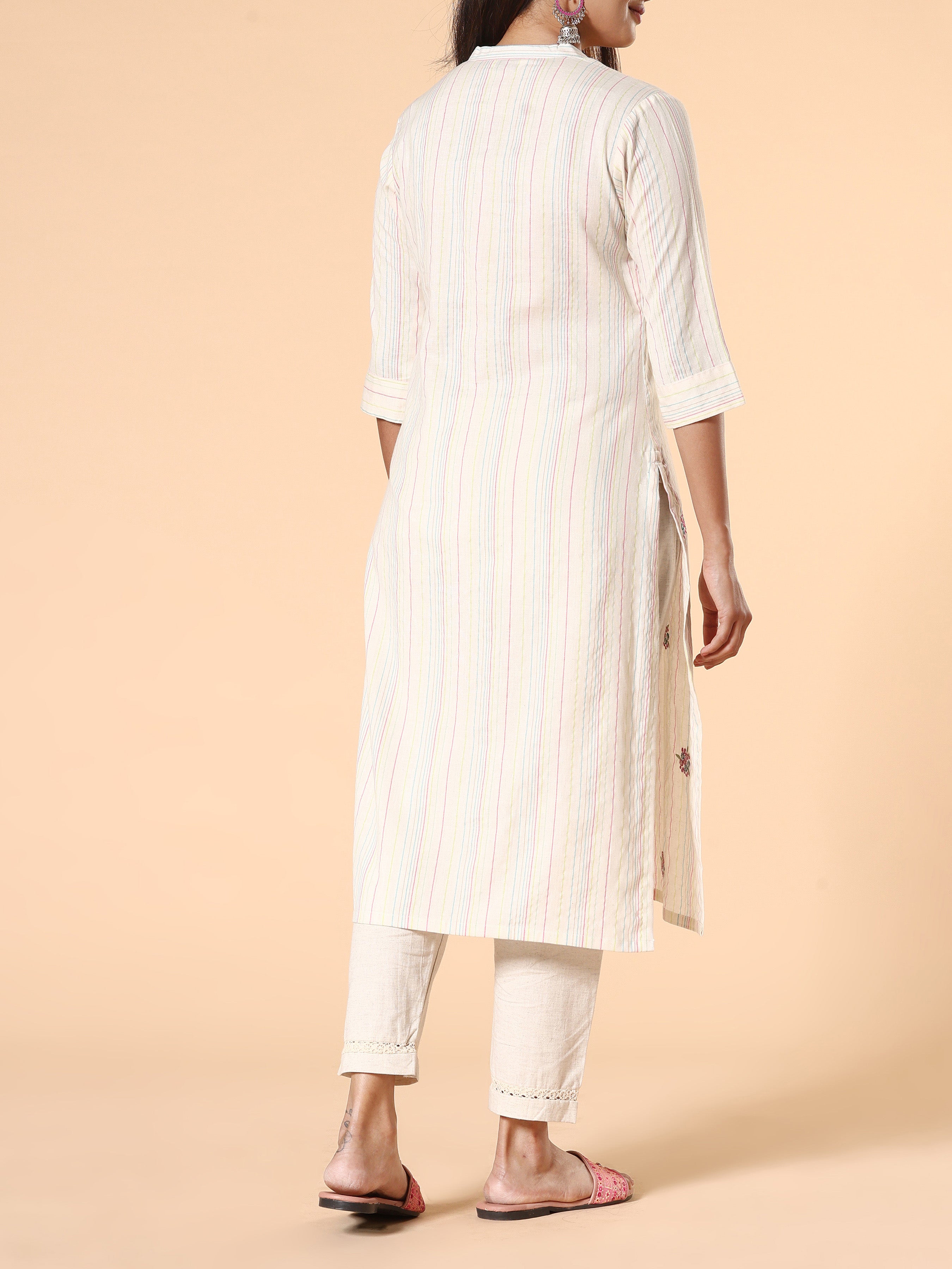 Ivory Cotton Striped Kurti With Embroidery