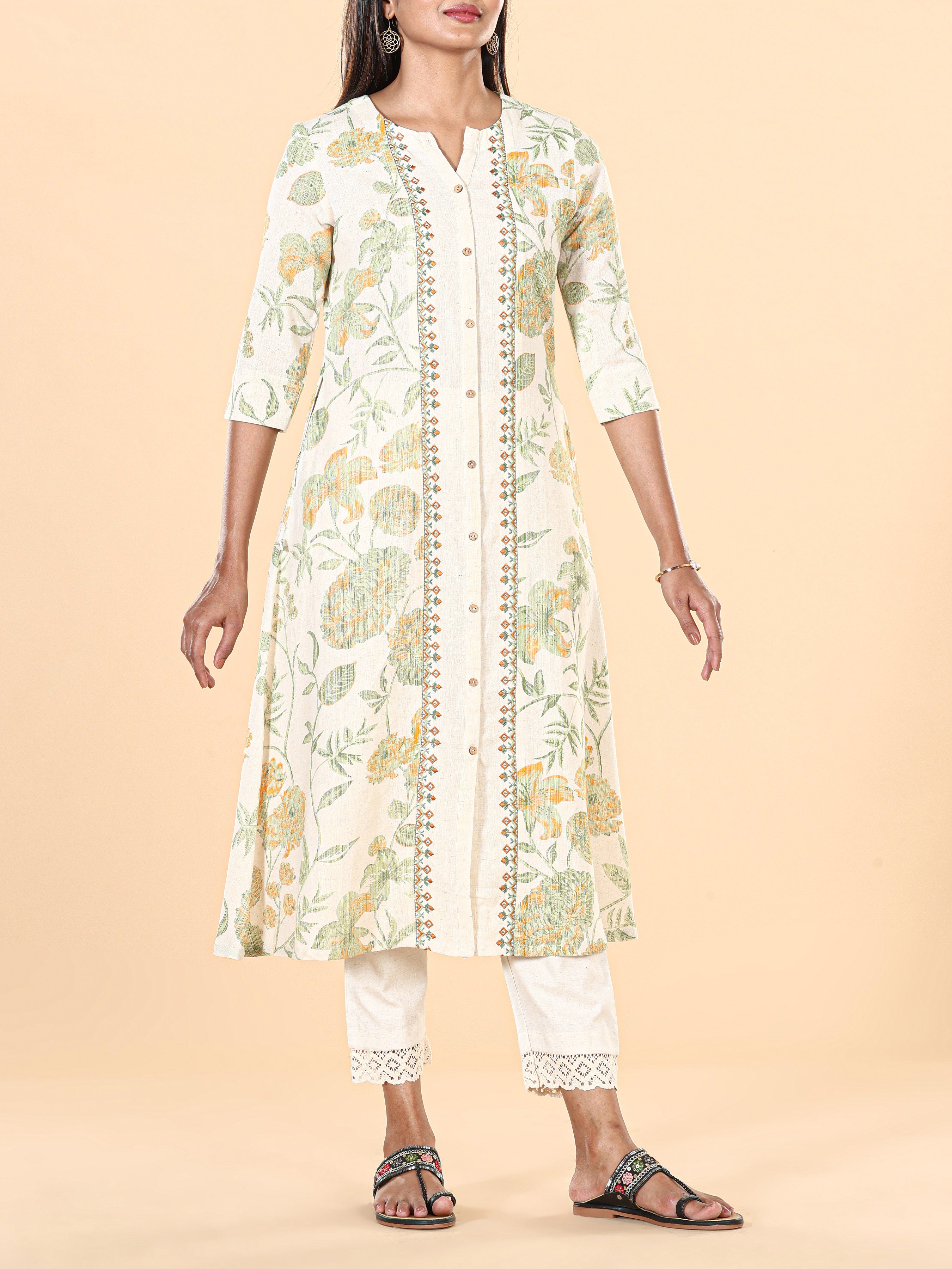 Multi Colour Cotton Flax Printed Kurti With Embroidery