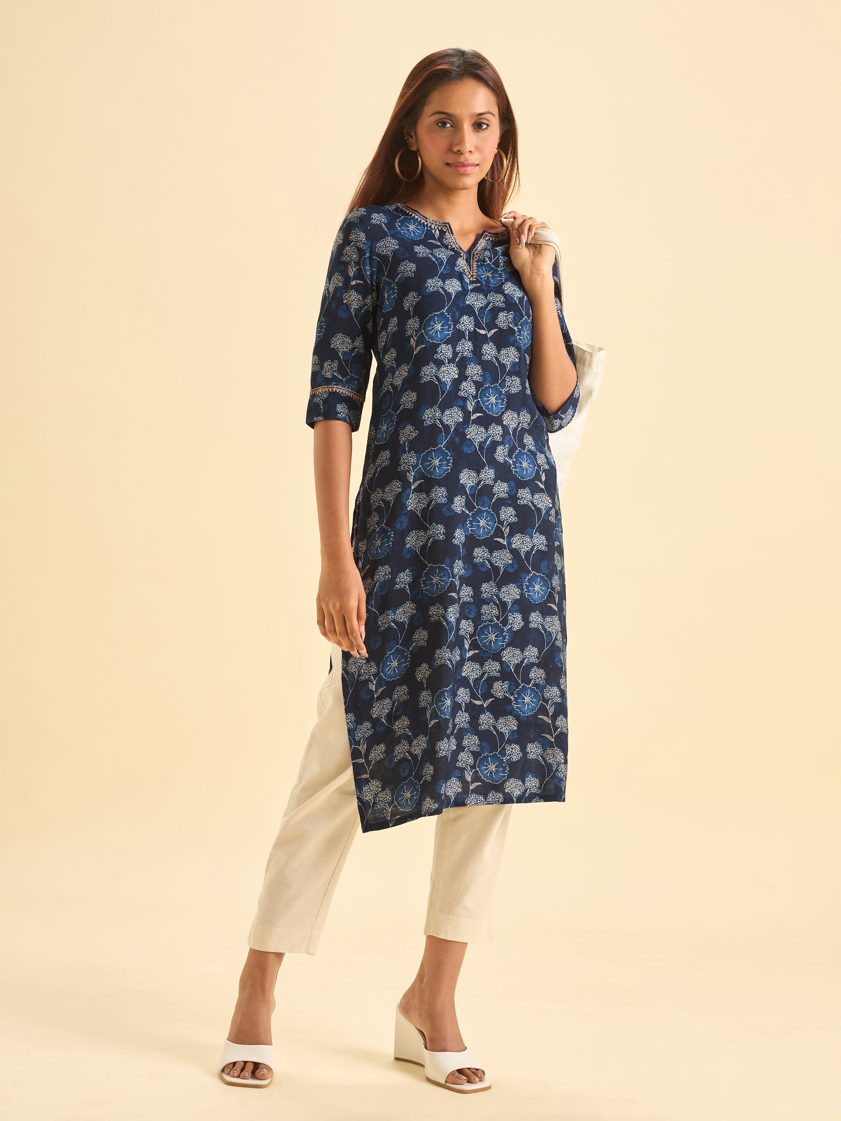 Navy Blue Modal Chanderi Slited Printed Kurti With Embroidery