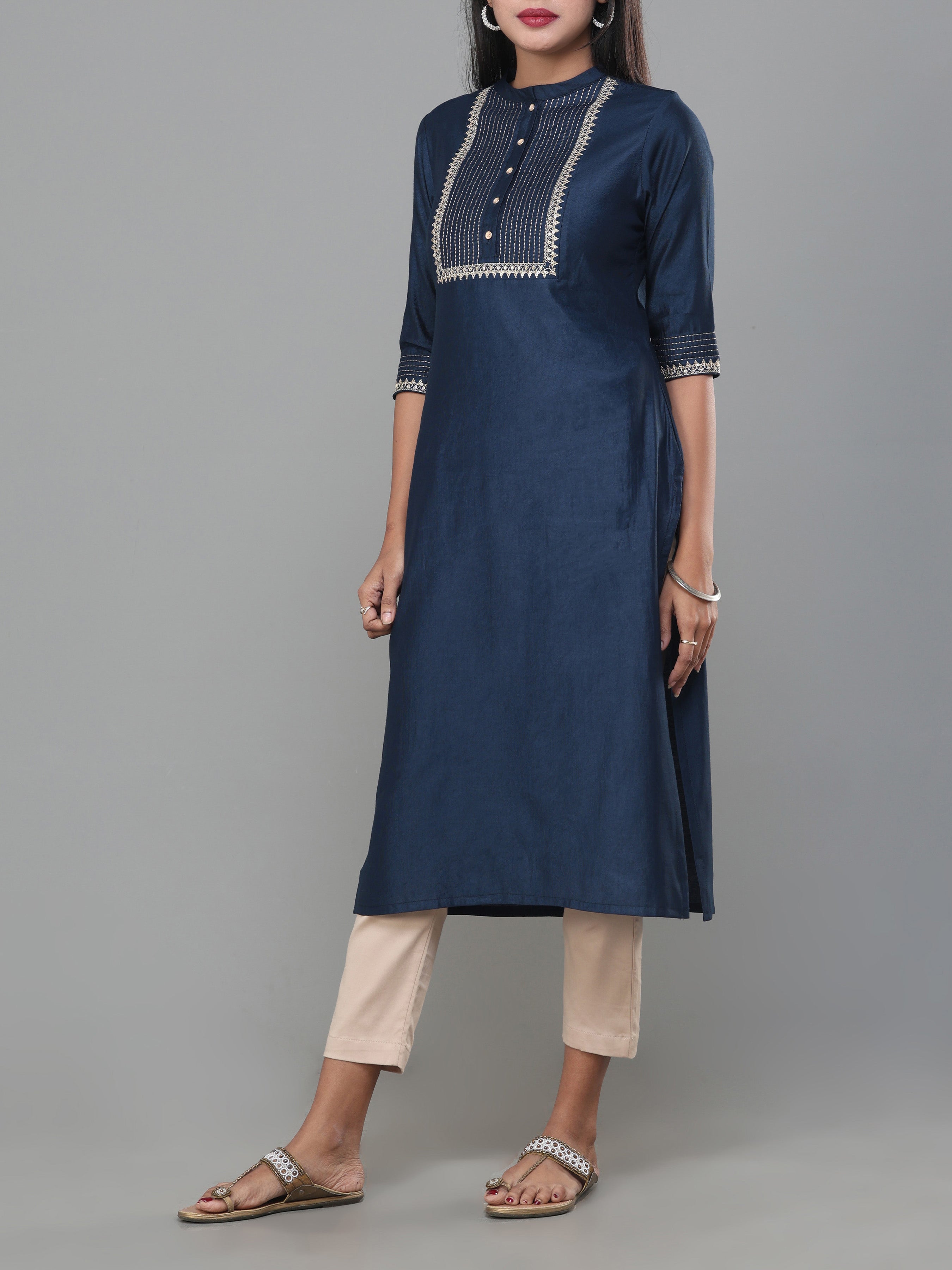 Denim Blue Viscose Kurti With Embroidery