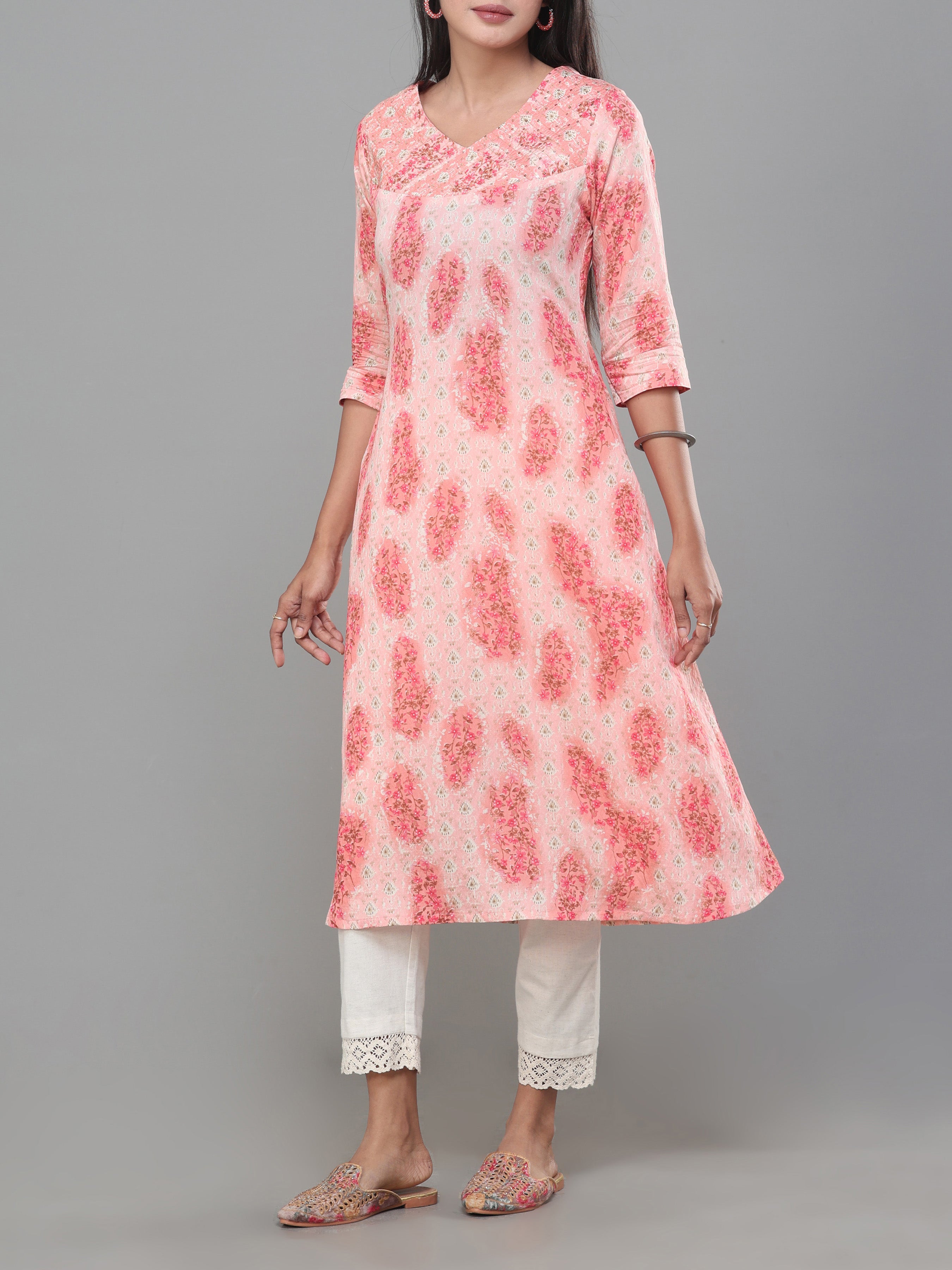 Peach Modal Chanderi Printed Kurti With Embroidery