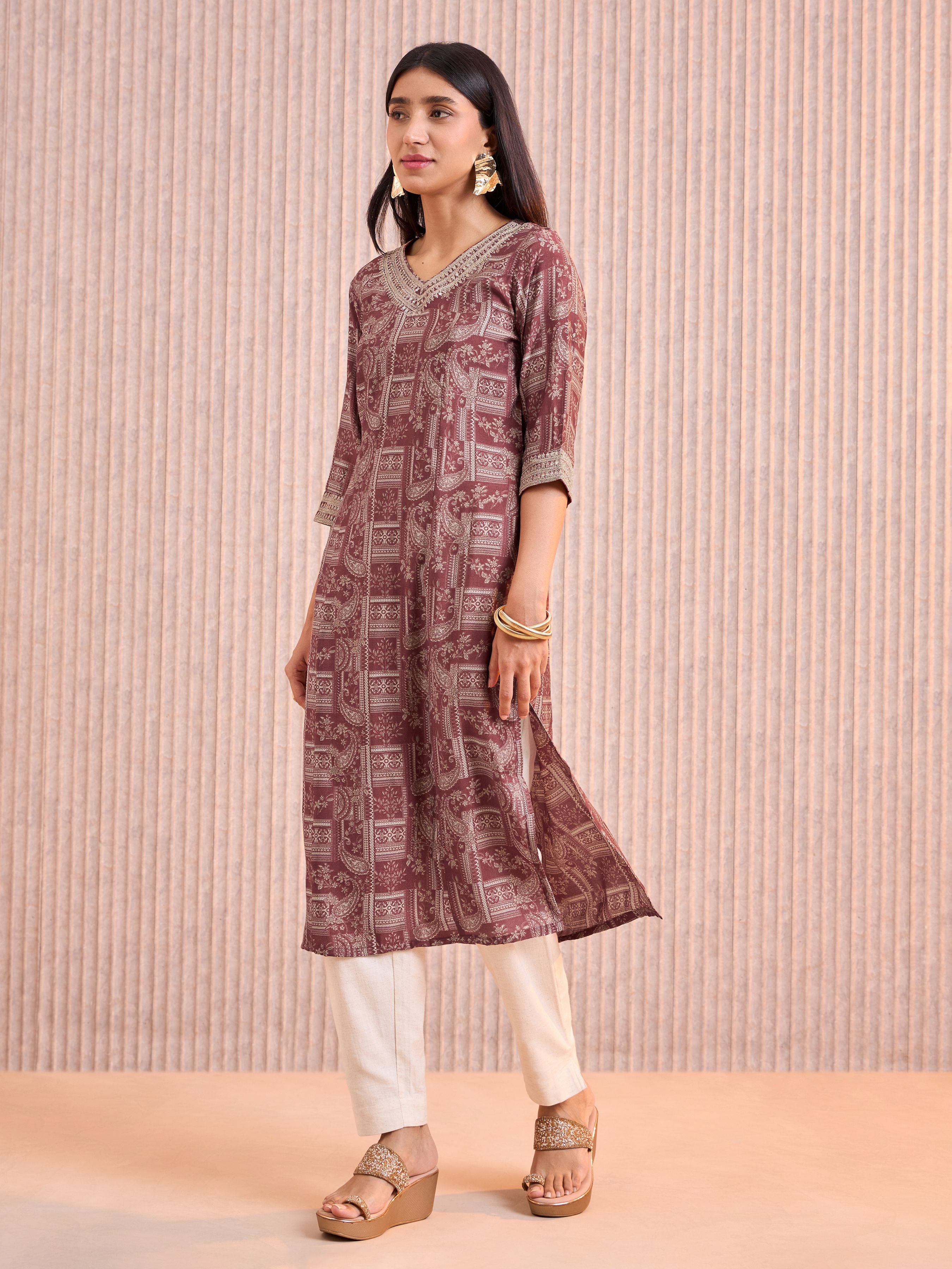 Meroon Modal Chanderi Kurti With Sequins Work