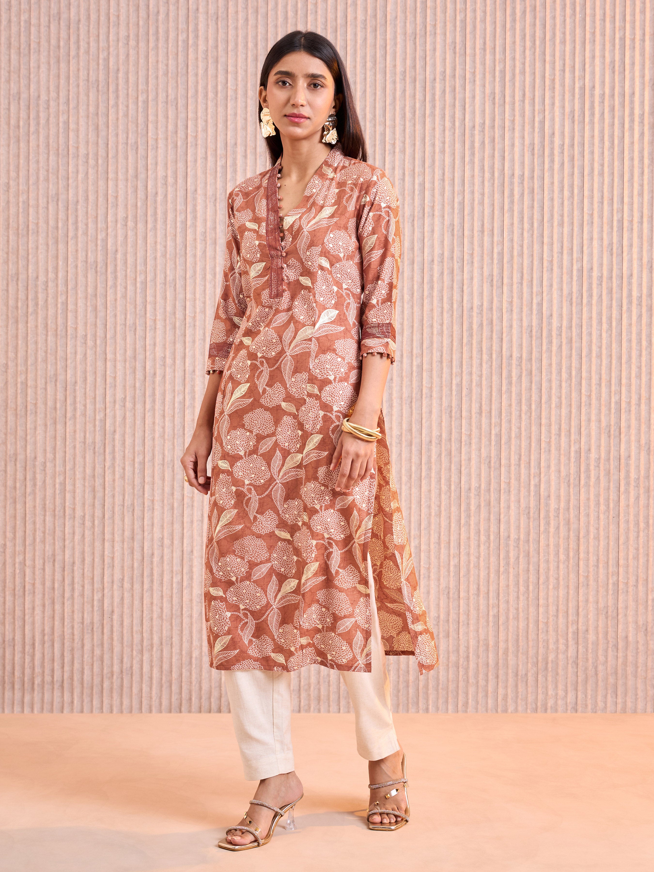 Rust Orange Viscose Blend Slited Princess Cut Kurti With Embroidery Work