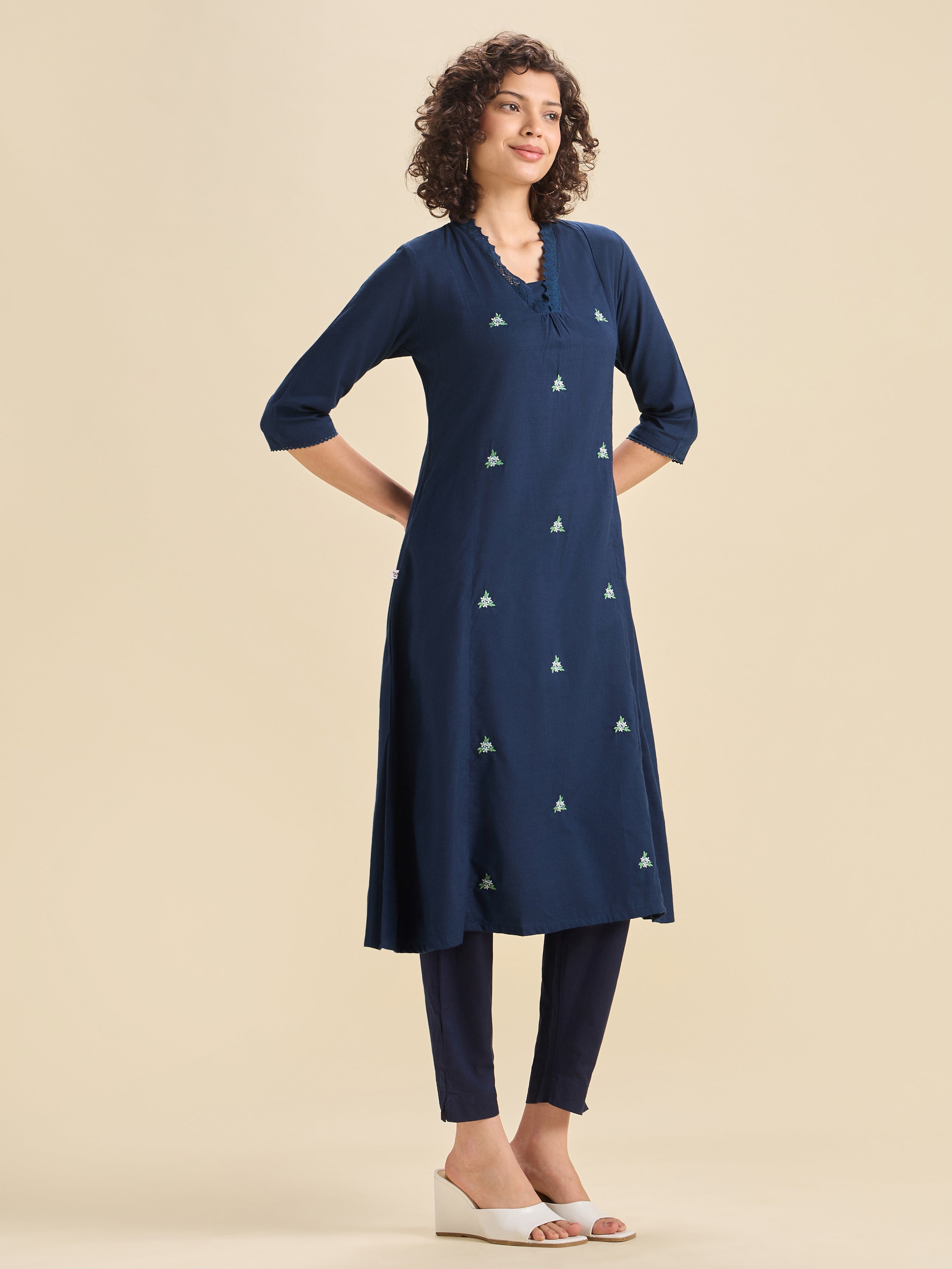 Navy Blue Cotton Viscose Flared Kurti With Lace And Embroidery