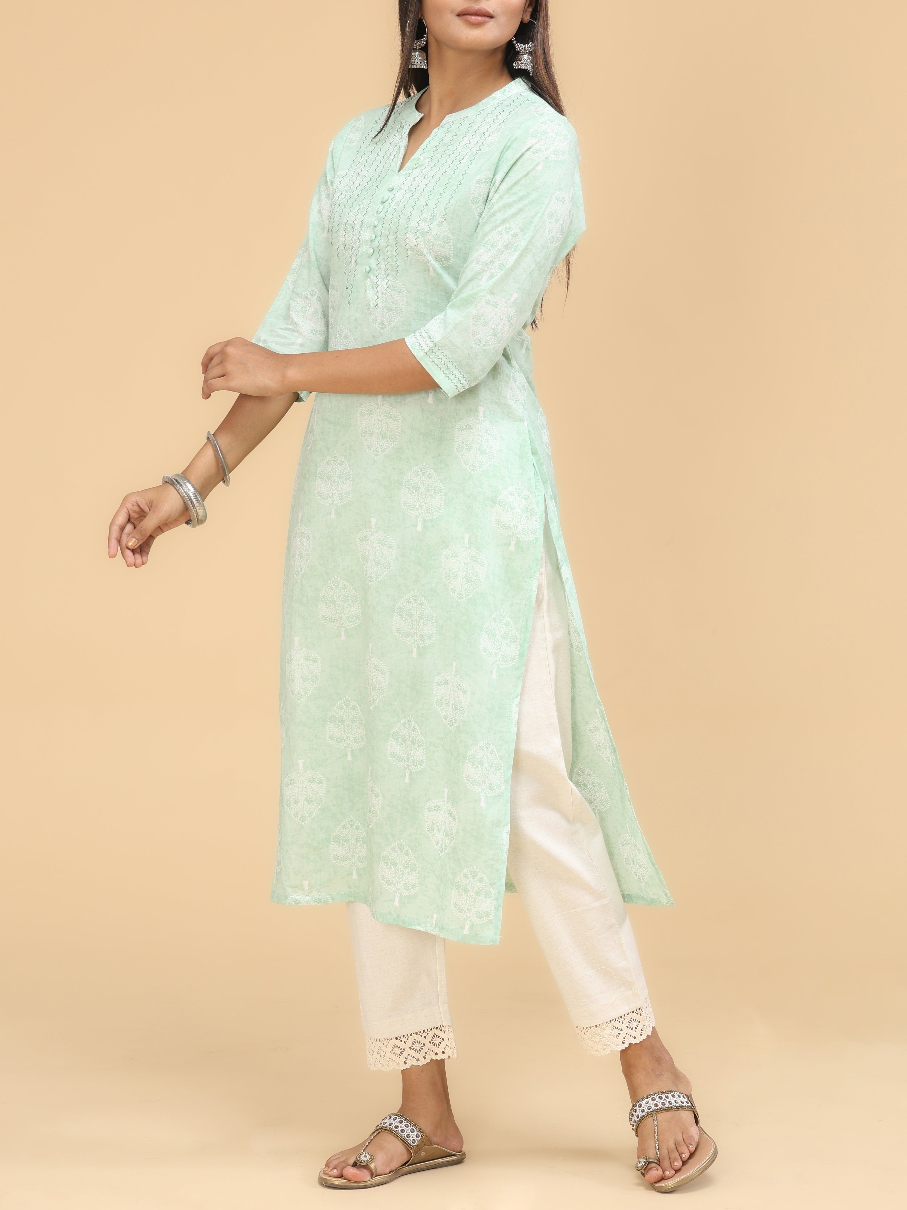 Light Green Pure Cotton Kurti With Print