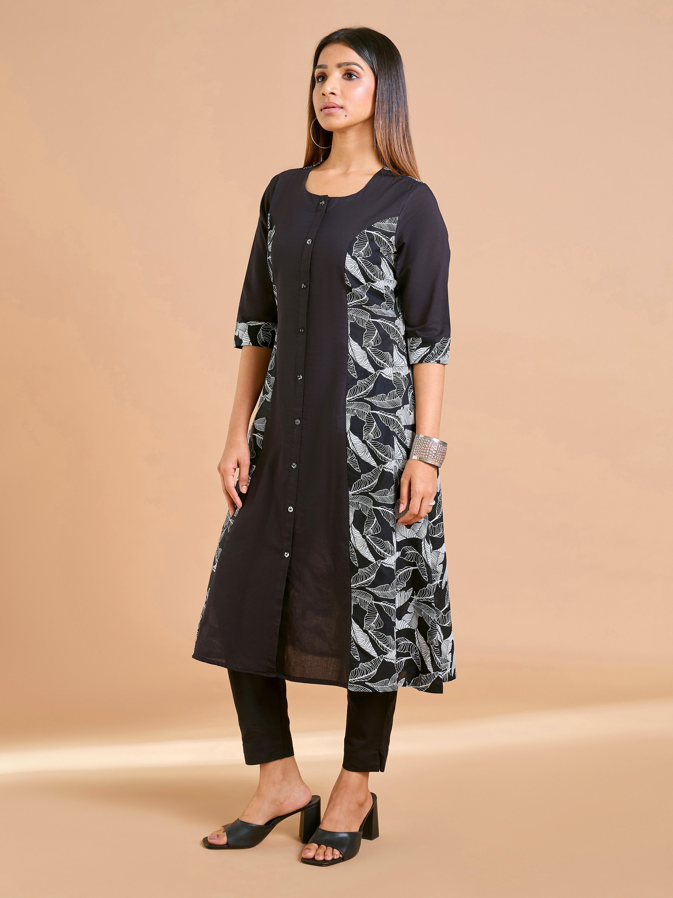 Black Pure Cotton Printed Kurti with princess cut