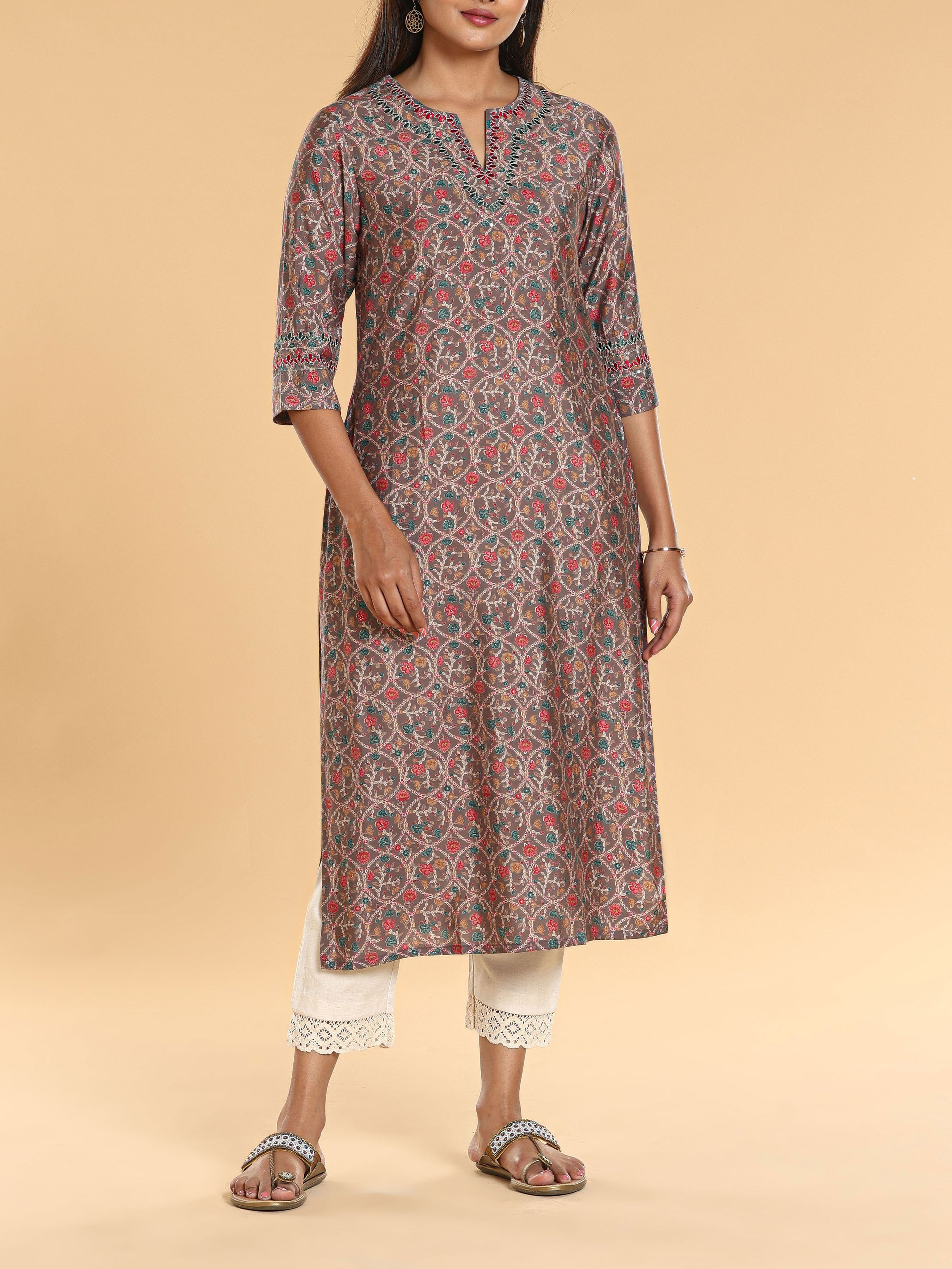 Multi-Color Modal Chanderi Printed Kurti With Embroidery