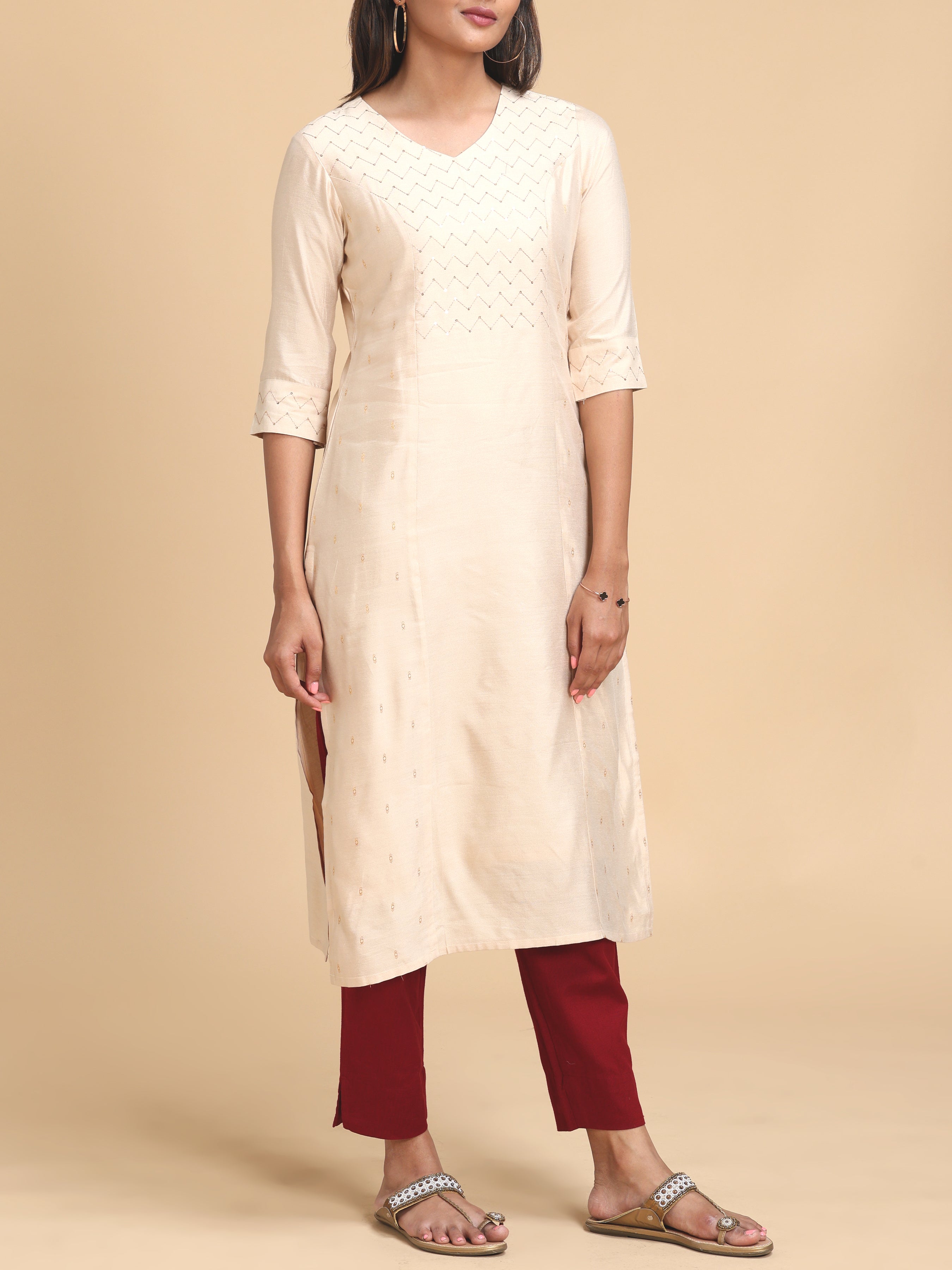 Beige Viscose Lain Kurti With Sequins Work