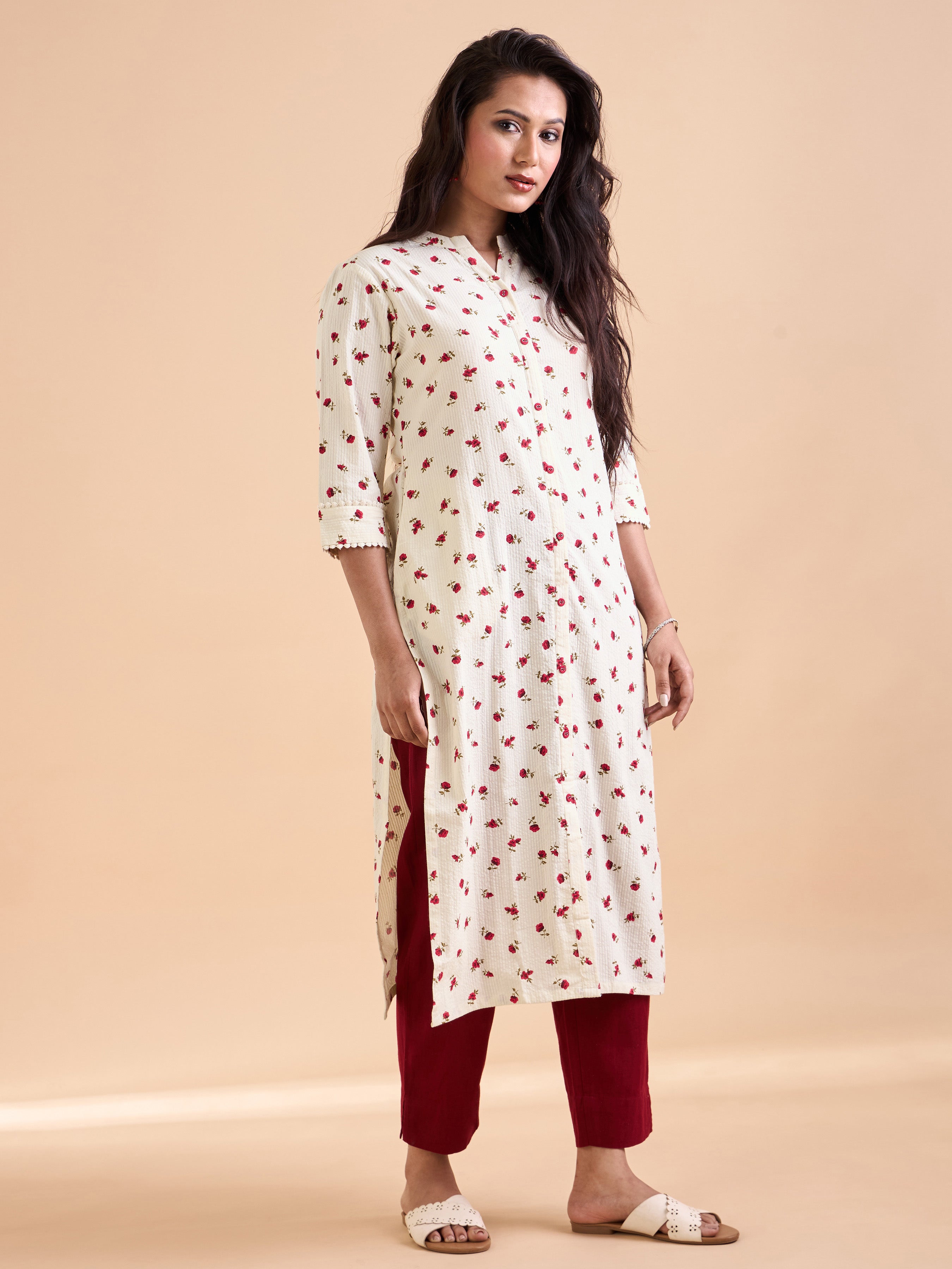 Ivory Pure Cotton Seersucker Printed Kurti With Lace