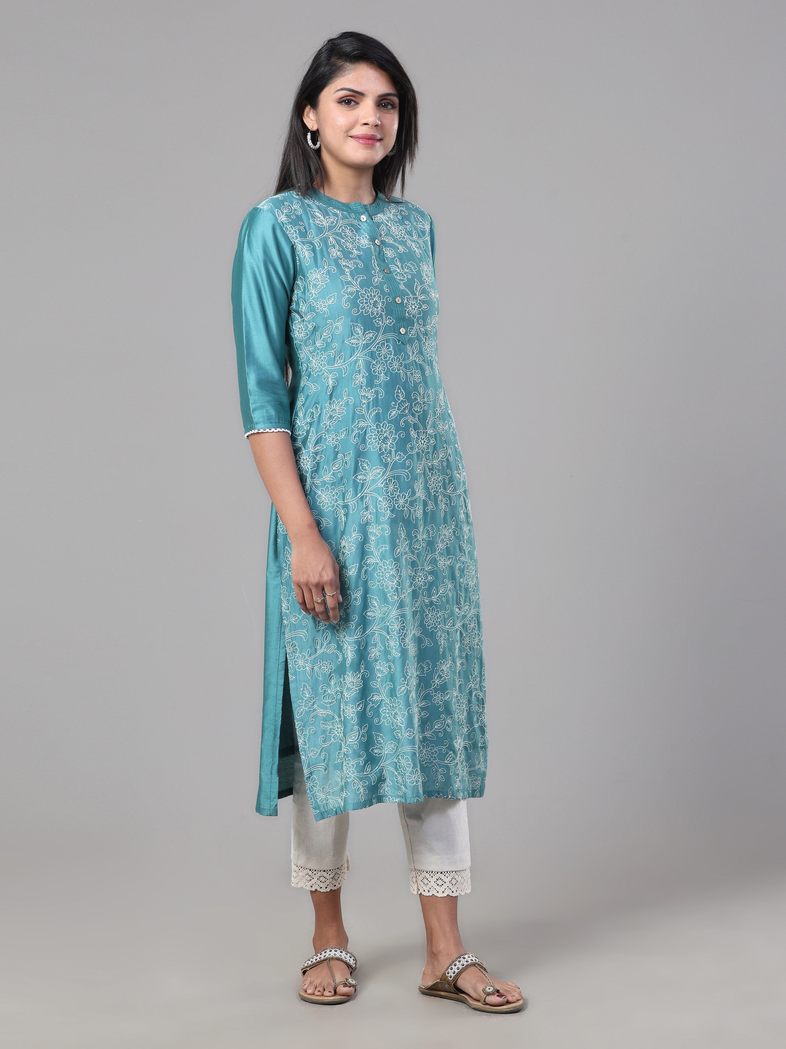 Aqua Blue Poly Viscose Kurti With Embroidery