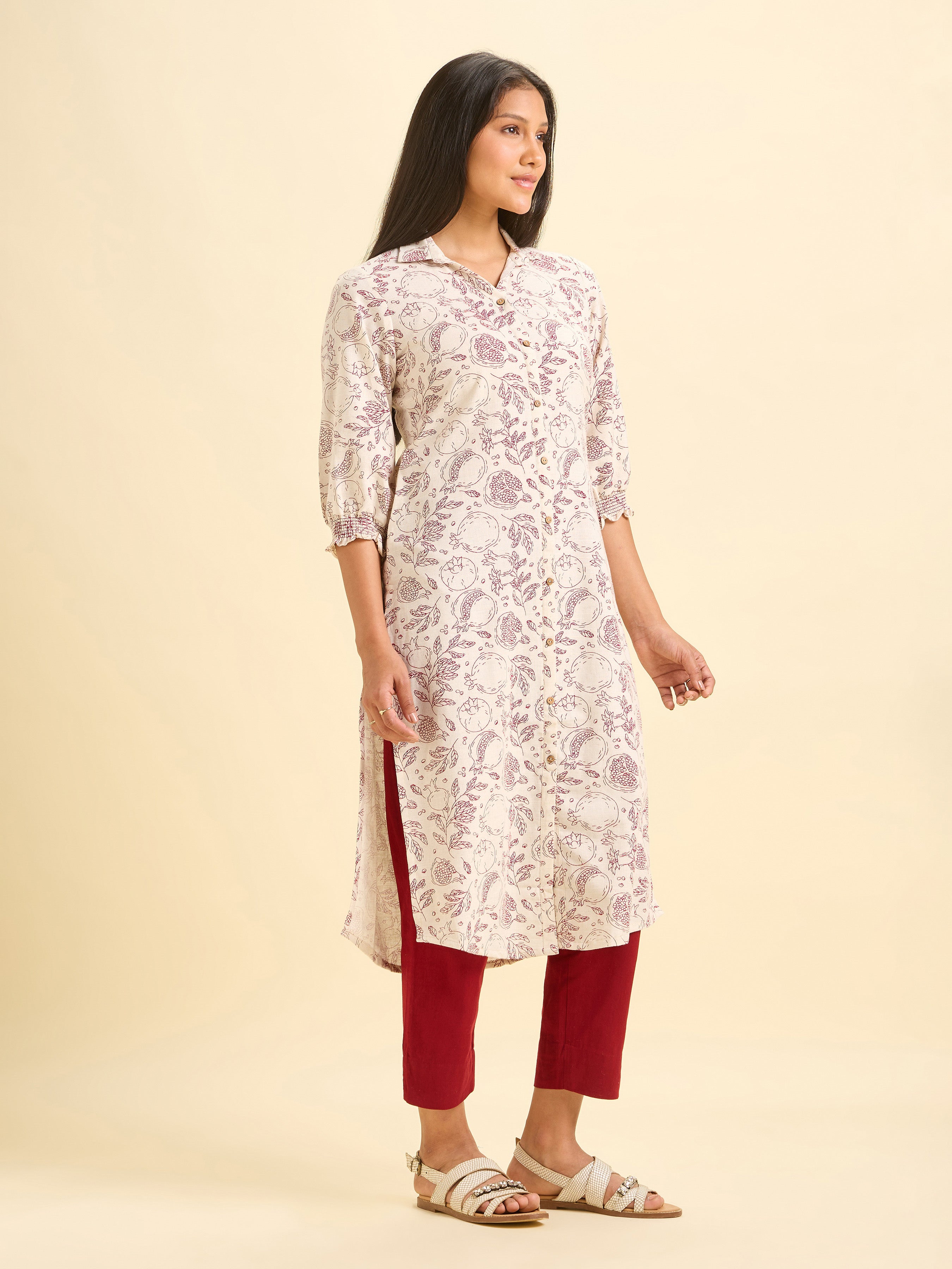 Ivory Cotton Flax Slub Printed Kurti With Samocked Sleeve Cuff