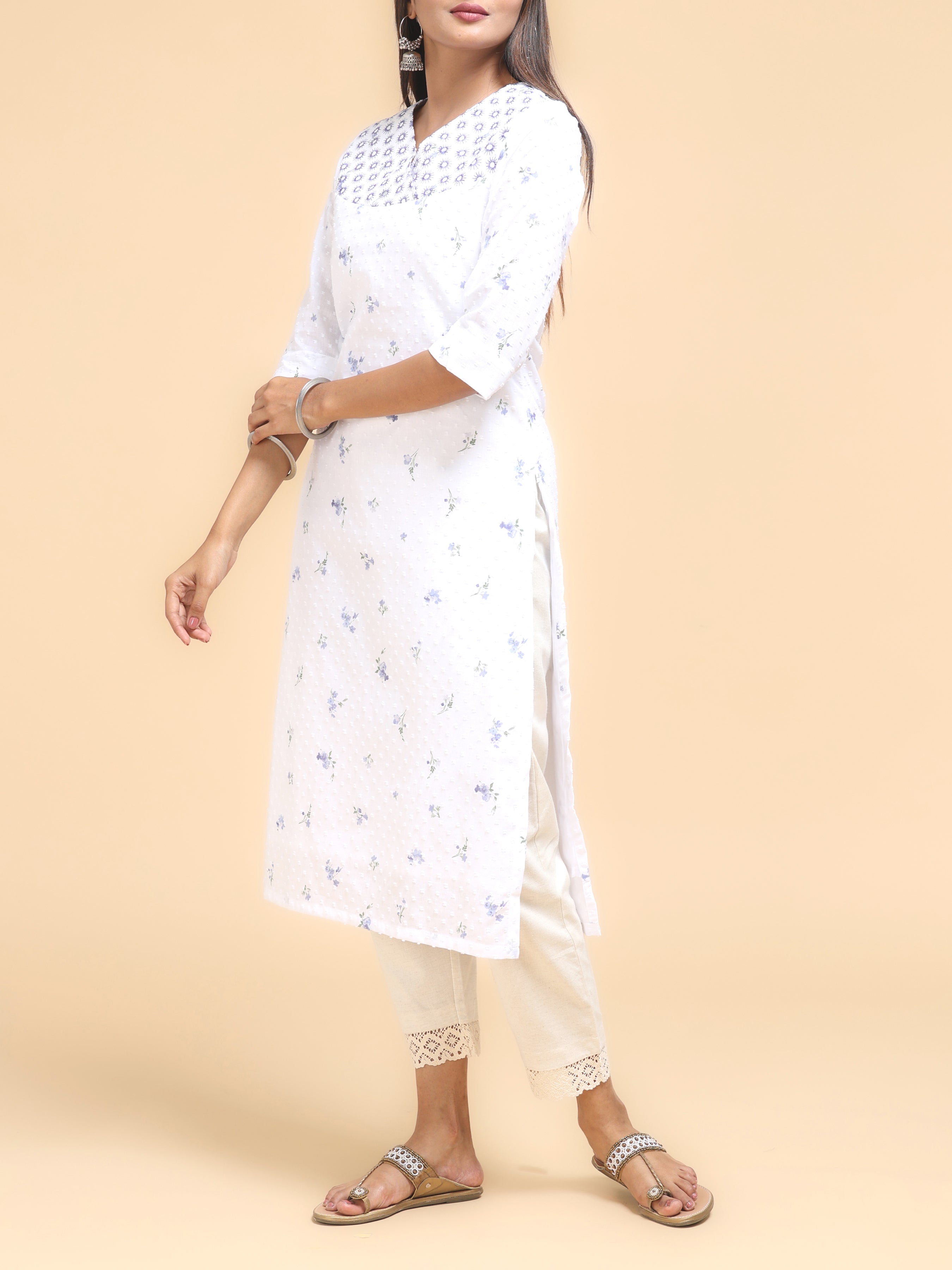 White Cotton Dobby Printed Kurti With Embroidery