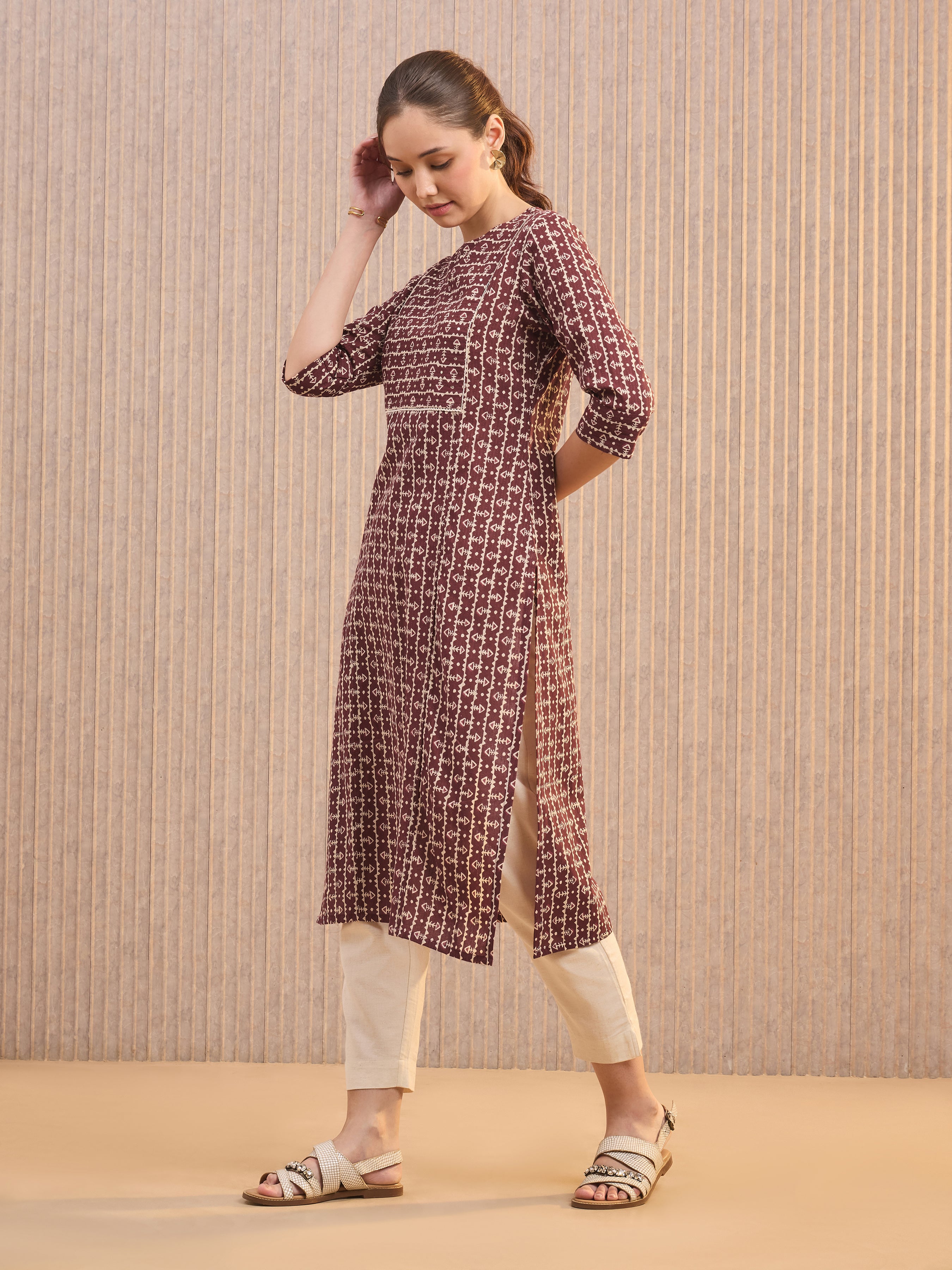 Maroon Pure Cotton Printed Kurti With Lace&Sequins Work