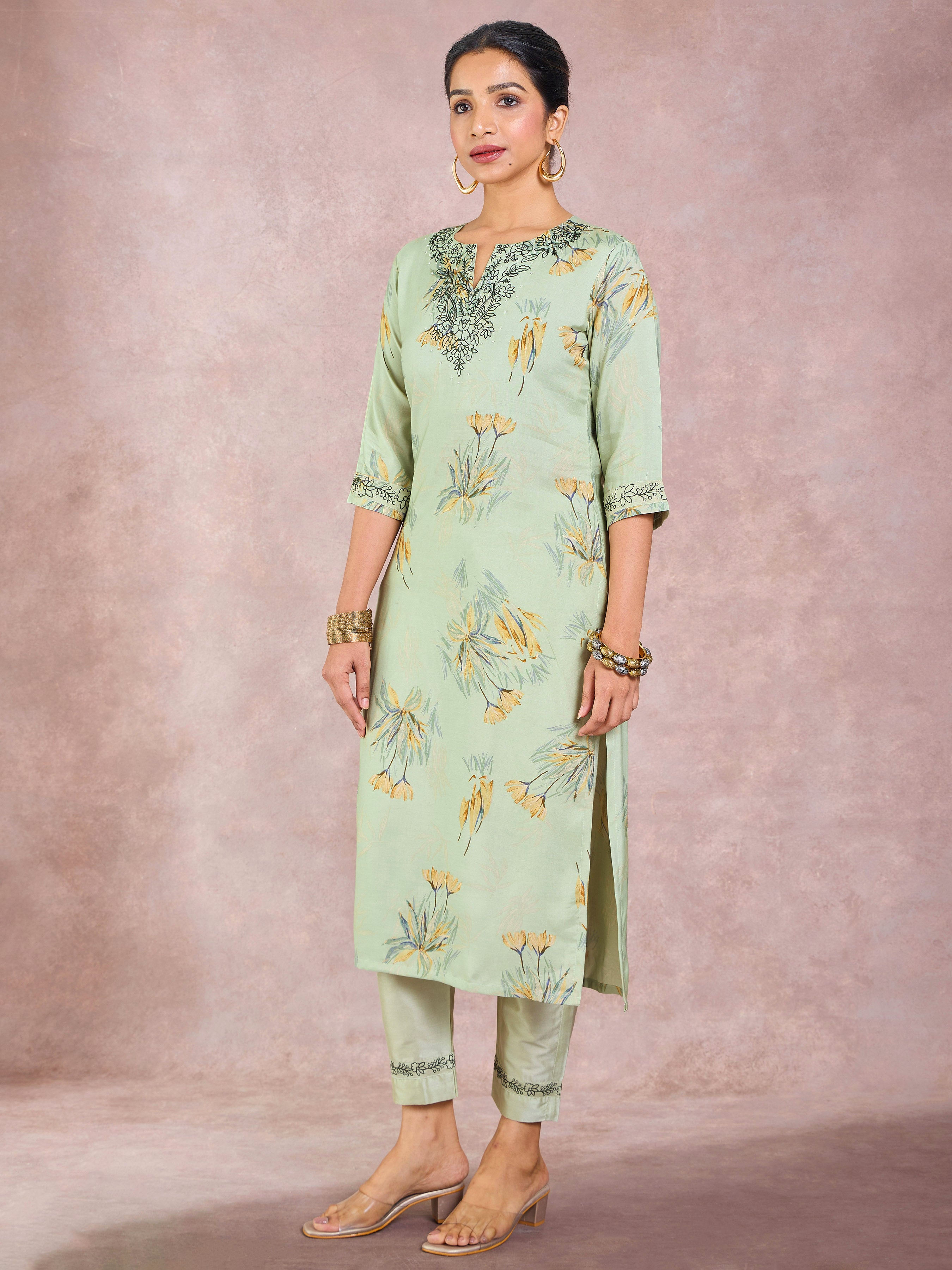 Pista Green Viscose Linen Printed Kurti & Bottom With Hand Work