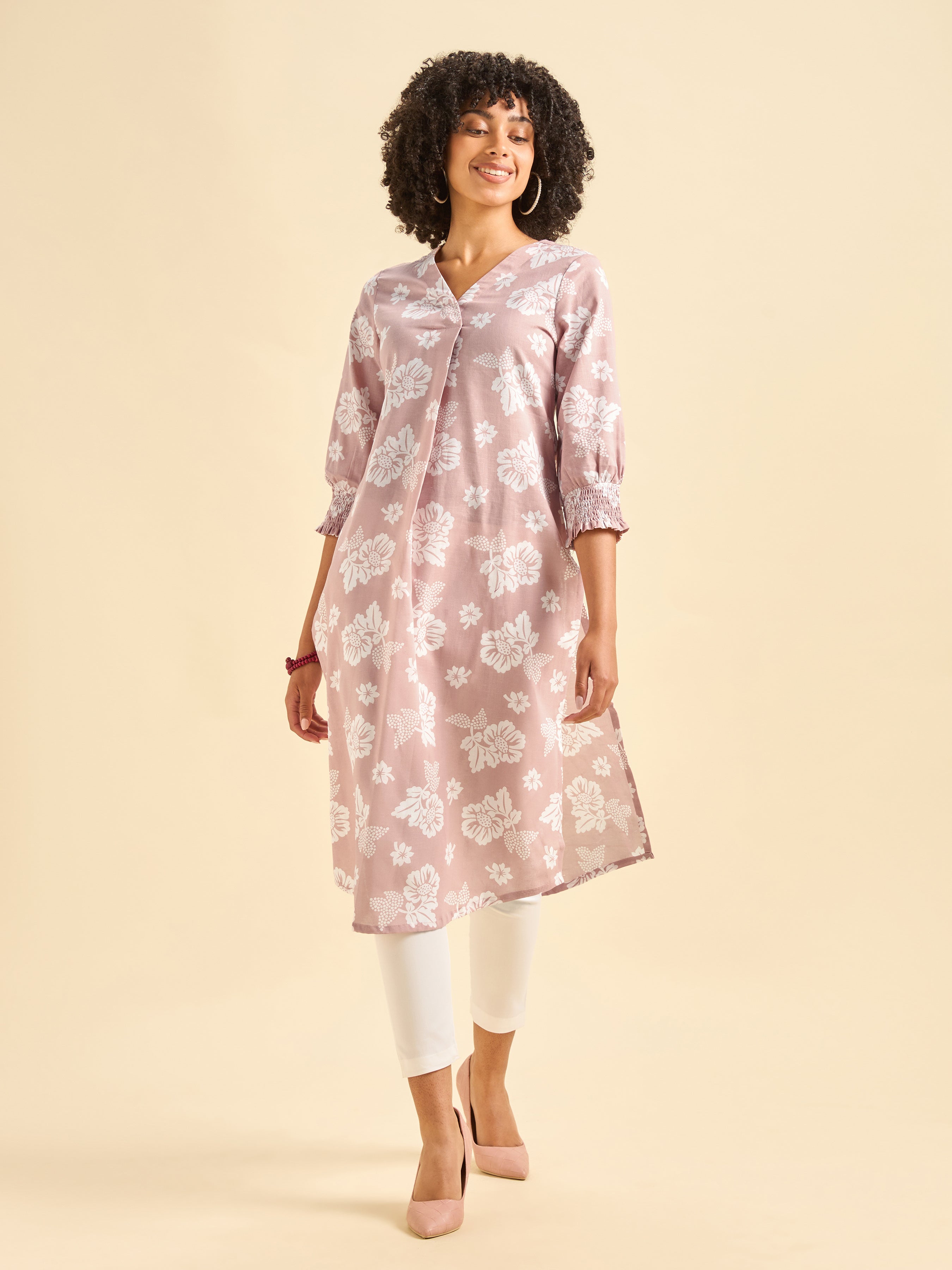 Pink and White Cotton Flax Printed Slit Kurti With Smocking Cuff