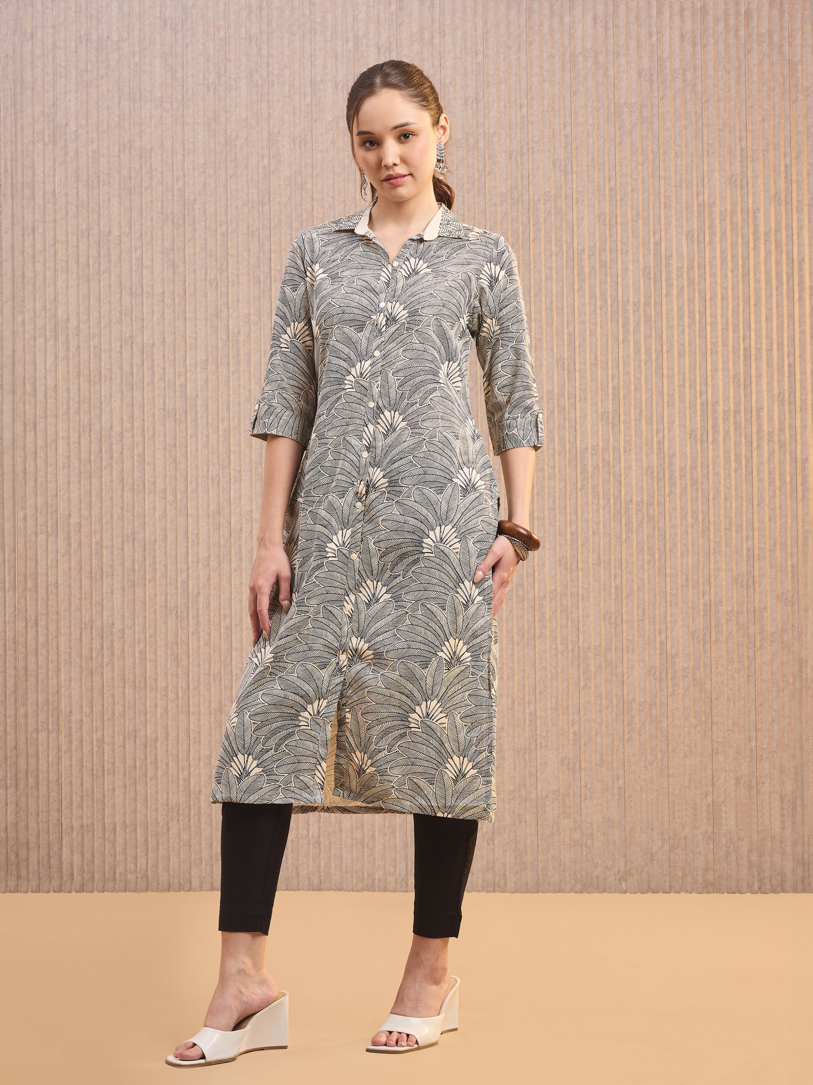 Ivory Cotton Flax Printed Kurti With Sequins Embroidery