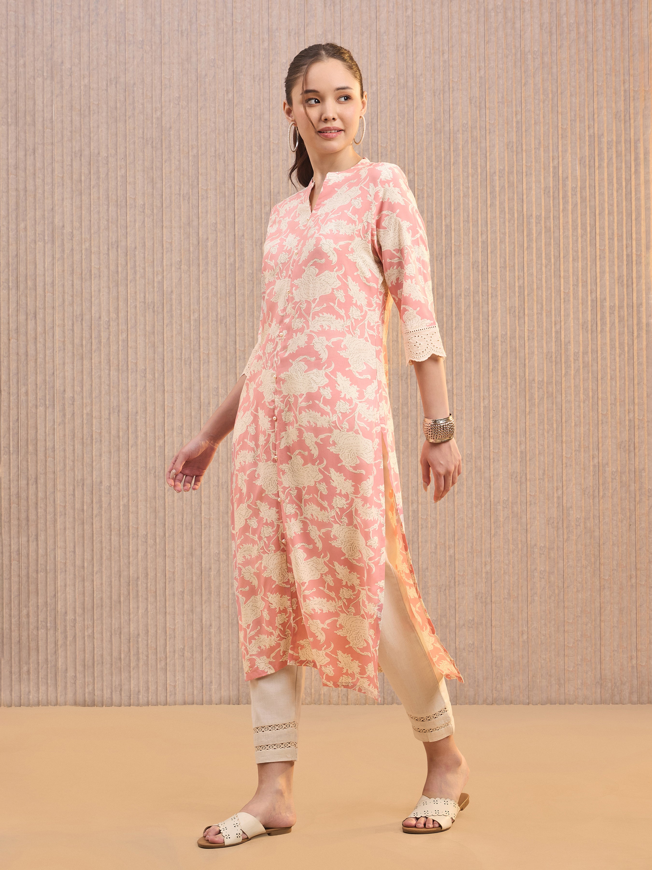 Blush Pink Viscose Printed Kurti With Lace Detailing