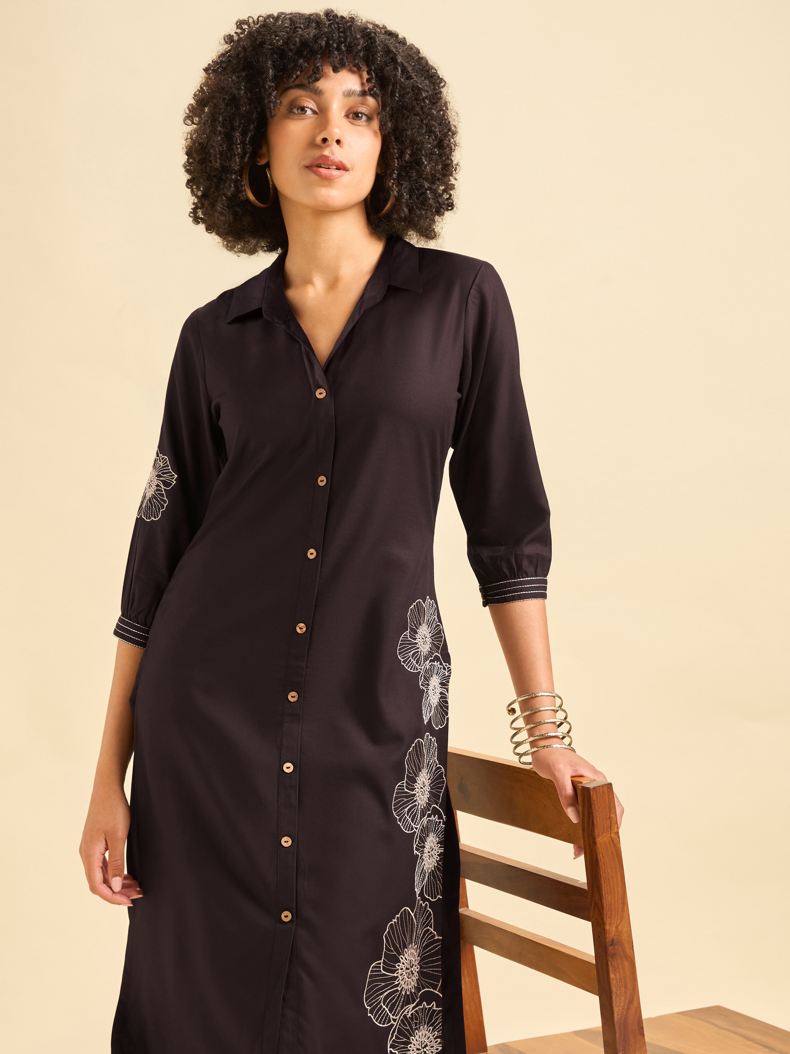 Coffee Brown Viscose Plain Slited Kurti With Embroidery