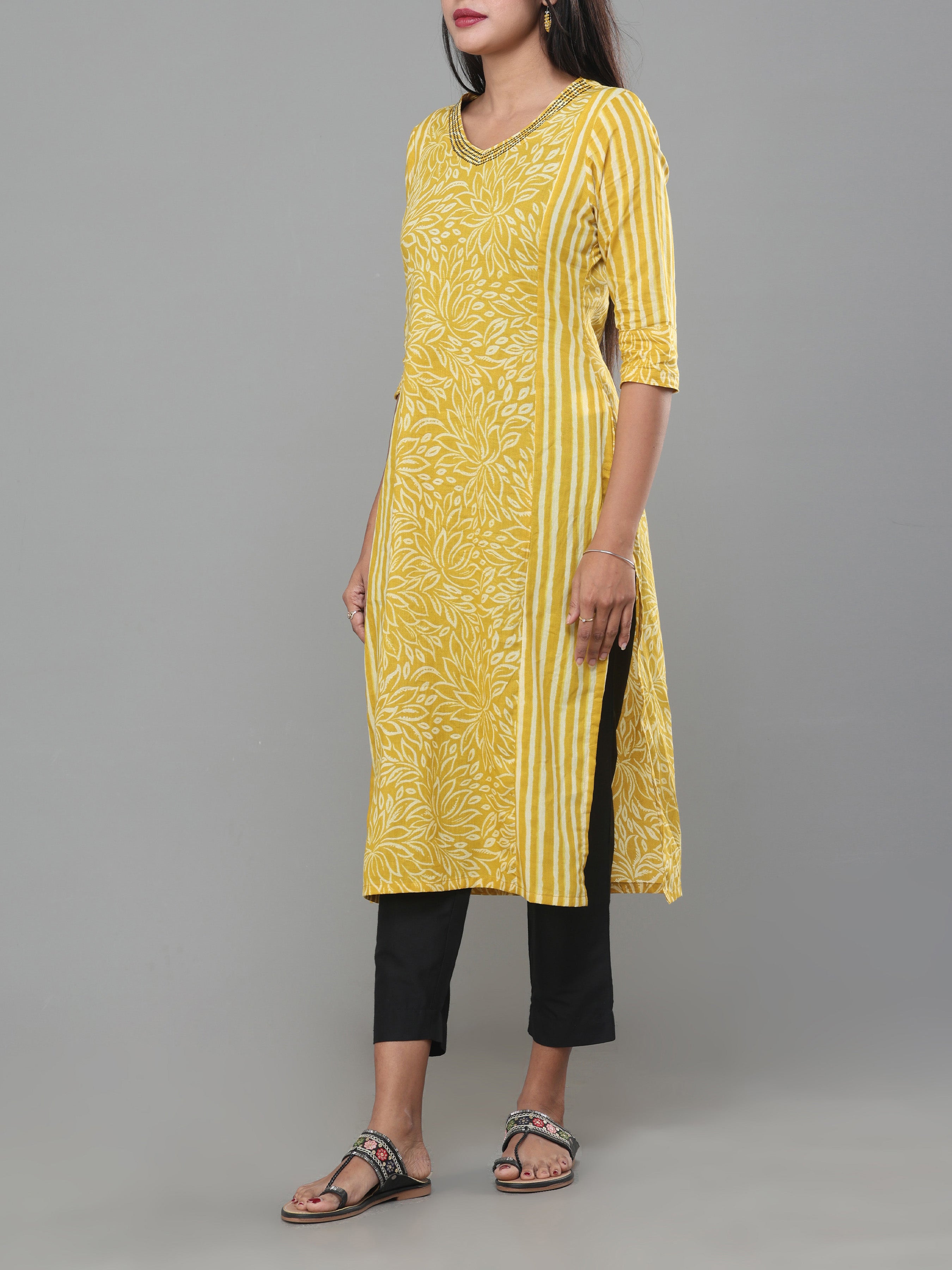 Yellow Pure Cotton Printed Kurti With Sequins Work