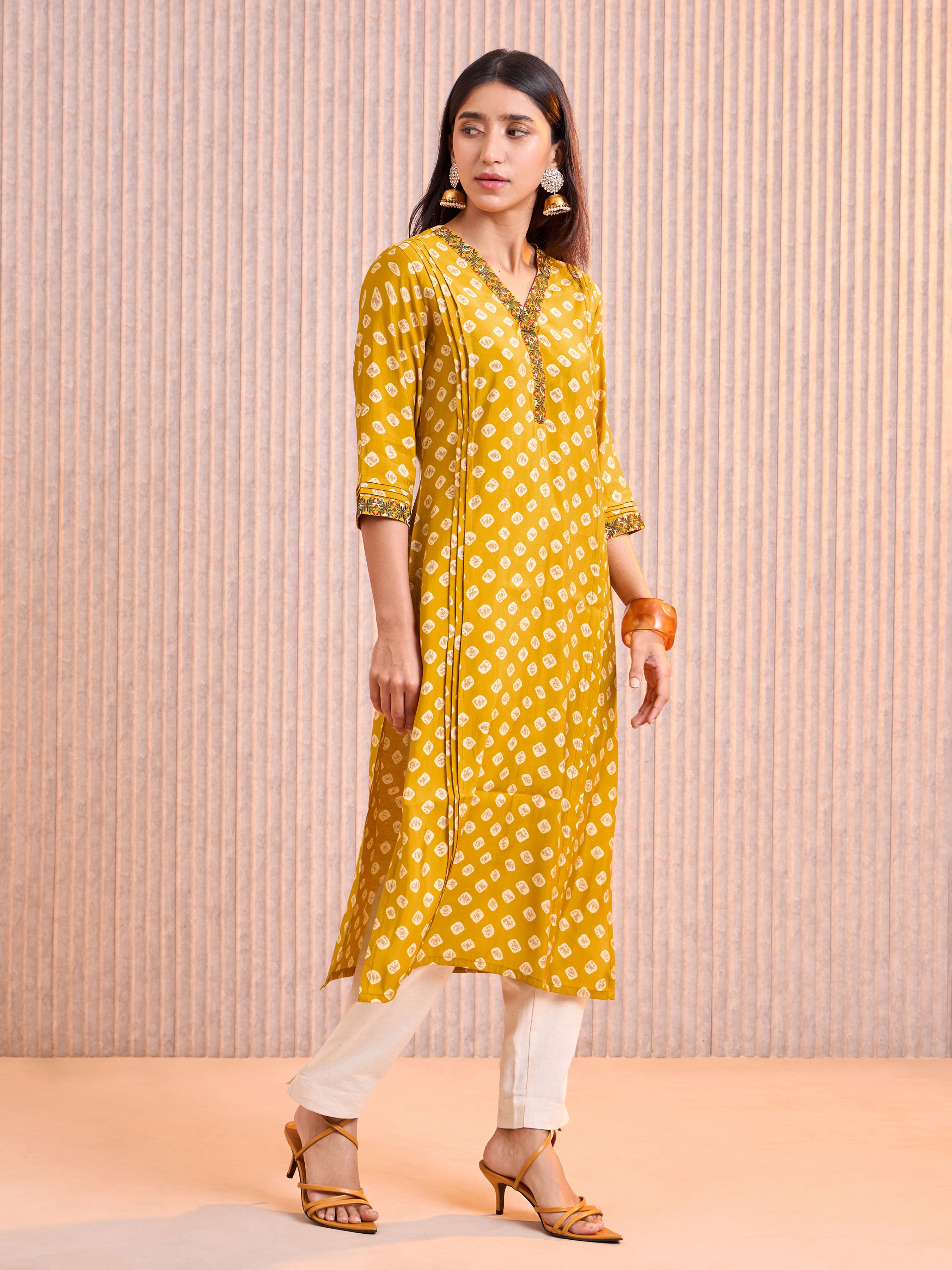 Mustard Modal Chanderi Printed Kurti With Pleats And Embroidery Work