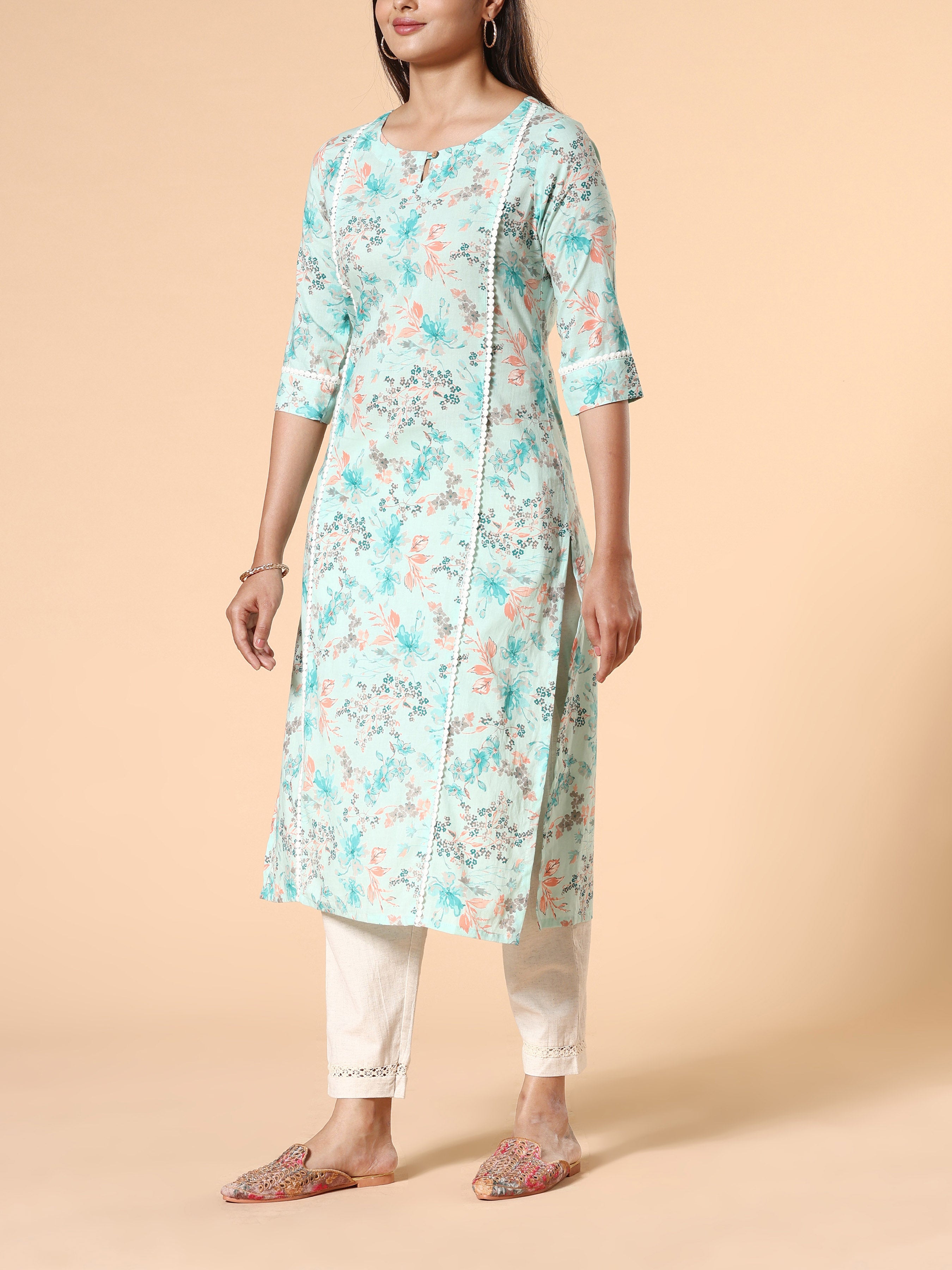 Aqua Blue Pure Cotton Printed Kurti With Lace Detailing