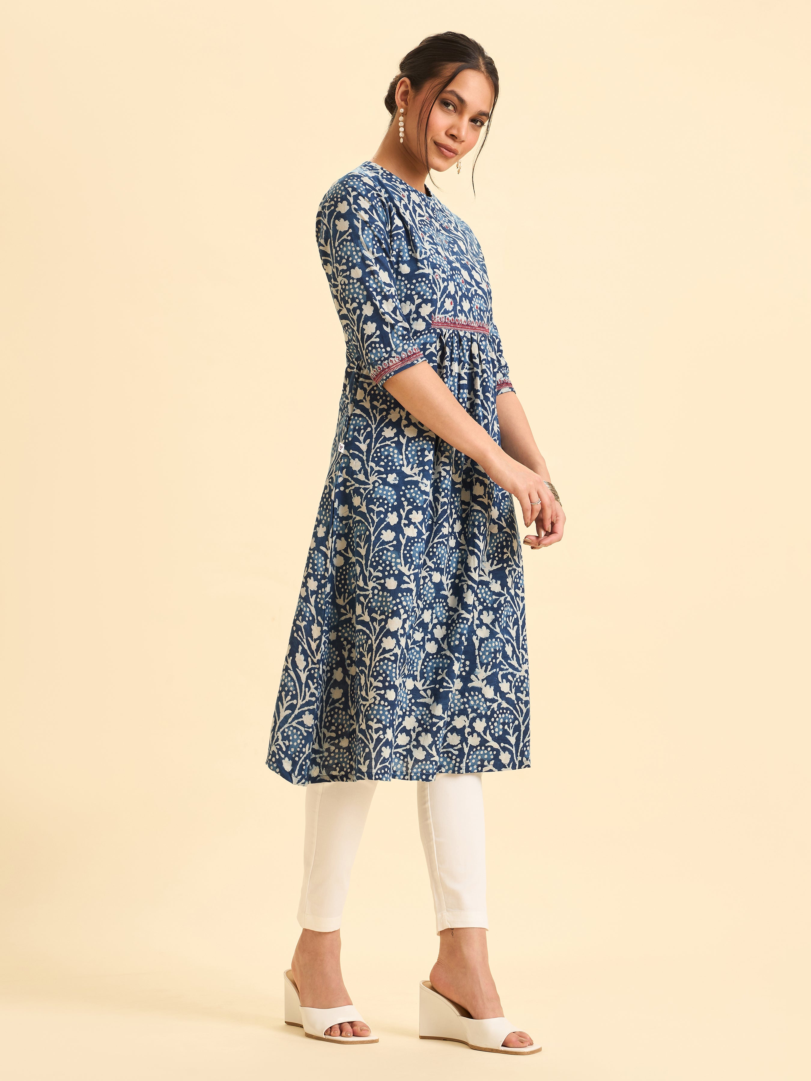 Indigo Blue Pure Cotton Printed Kurti With Embroidery And Sequins Work