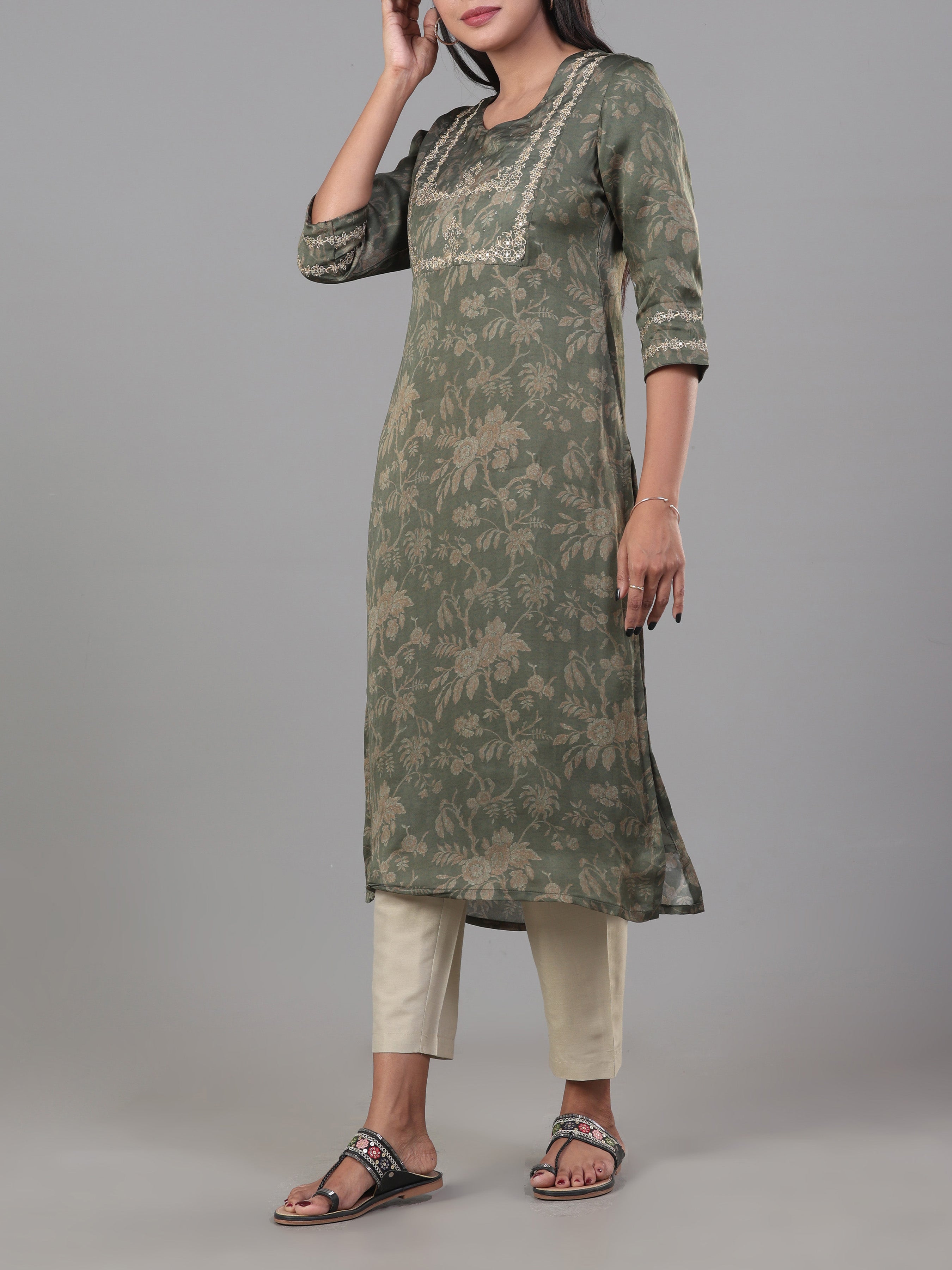 Olive Green Organza Satin Kurti With Embroidery And Matching Bottom