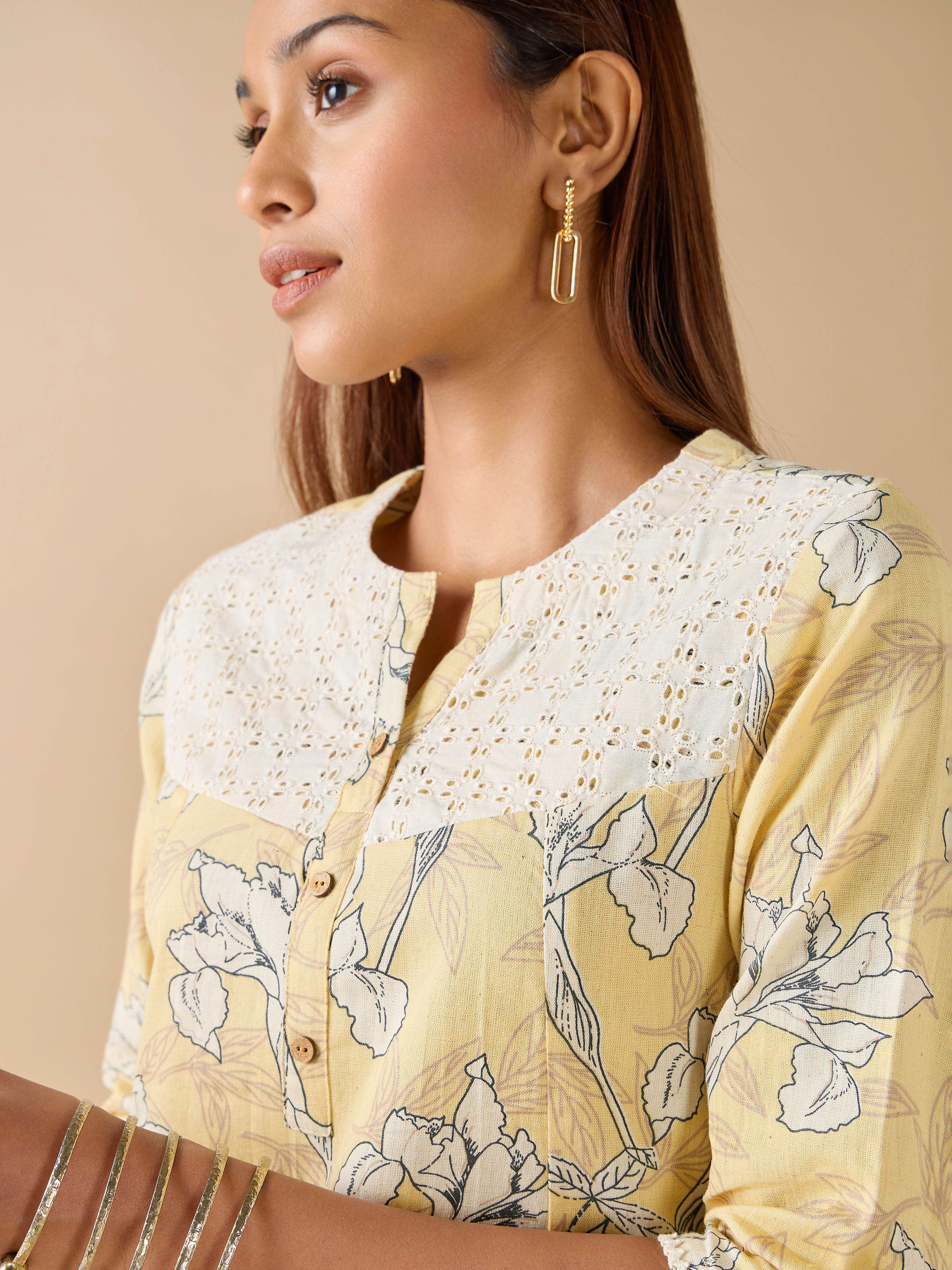 Multi Color Cotton Flax Printed Kurti With Embroidery