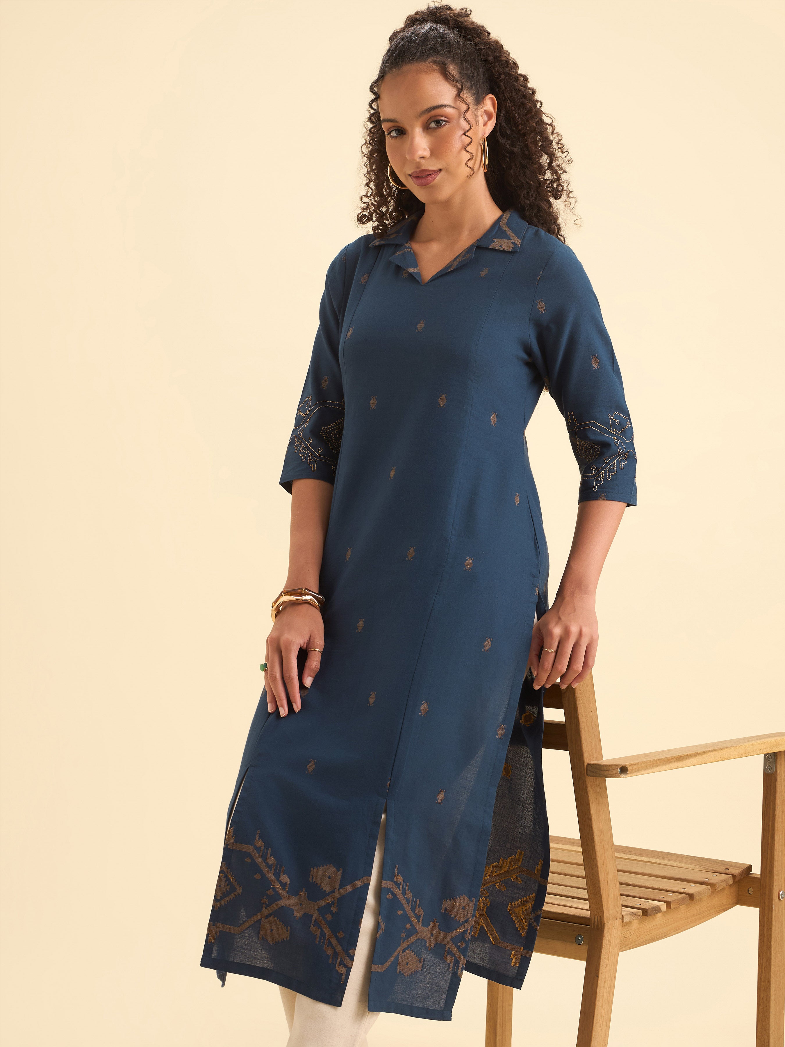 Navy Mustard Cotton Dobby Plain Center Panel Kurti With Embroidery