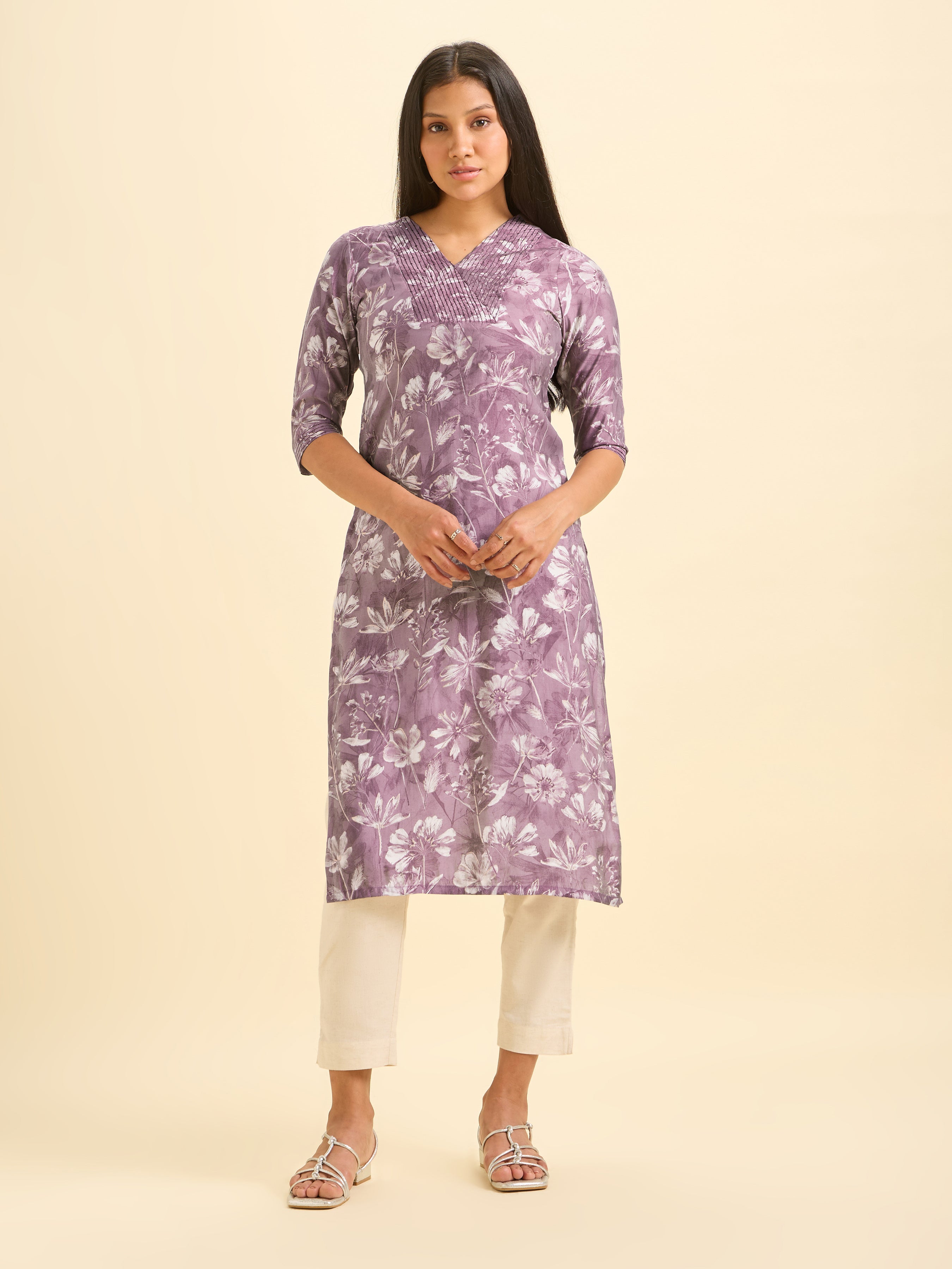 Multi Colour Modal Chanderi Printed Slited Kurti With Embroidery And Sequins Work
