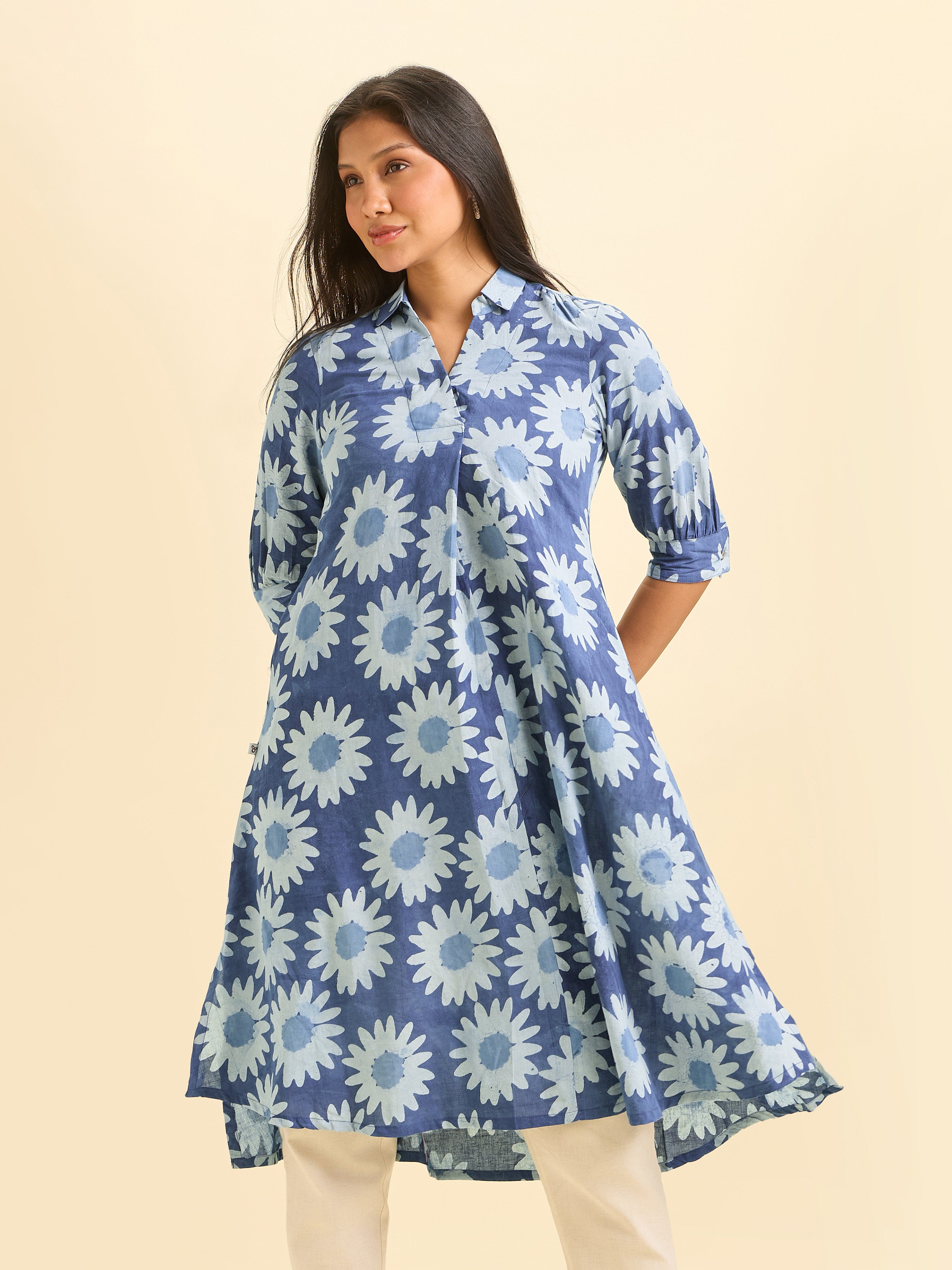 Indigo Blue Cotton Printed Flared Kurti With Curved Hem