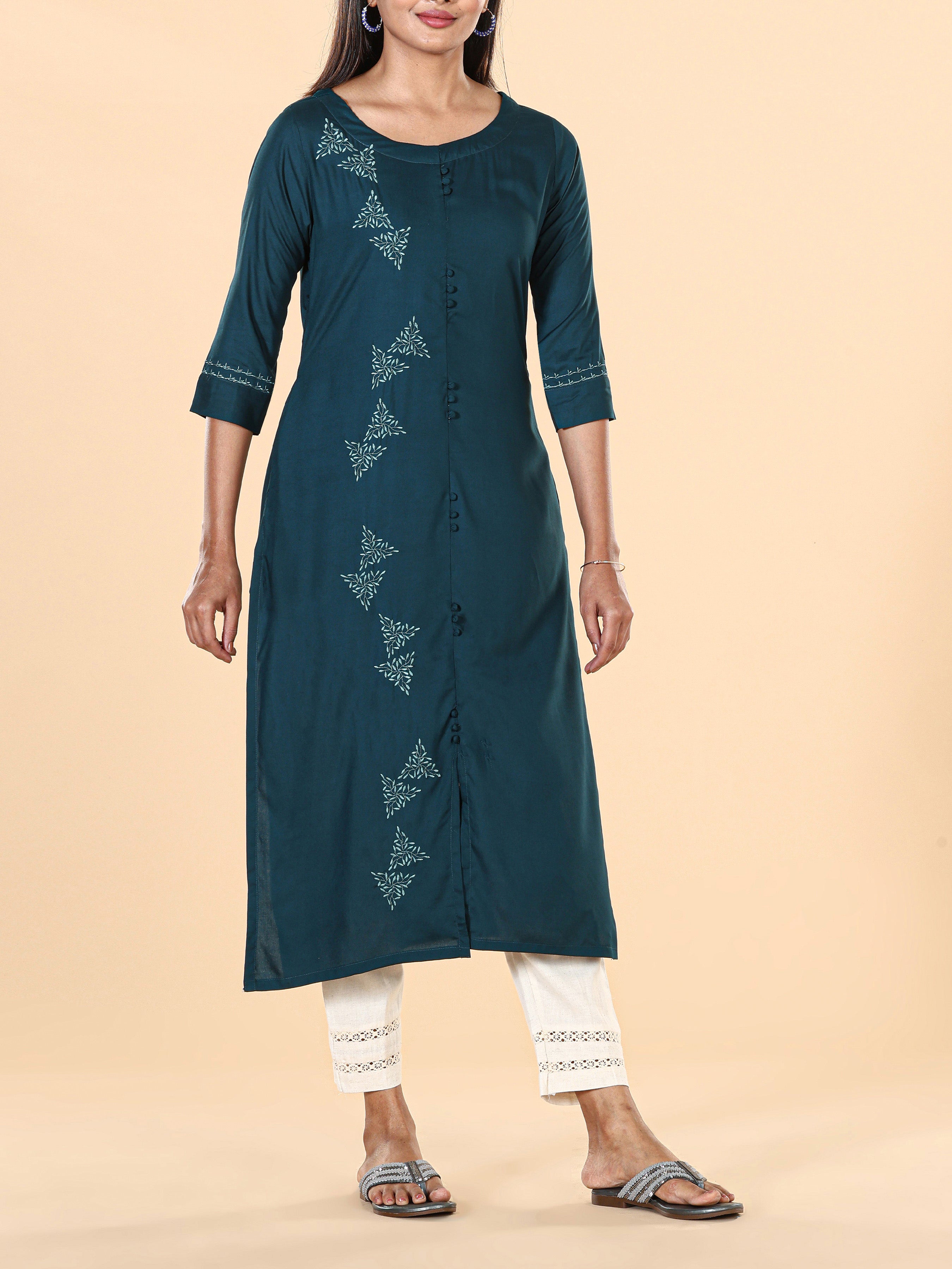 Teal Blue Viscose Plain Kurti With Embroidery