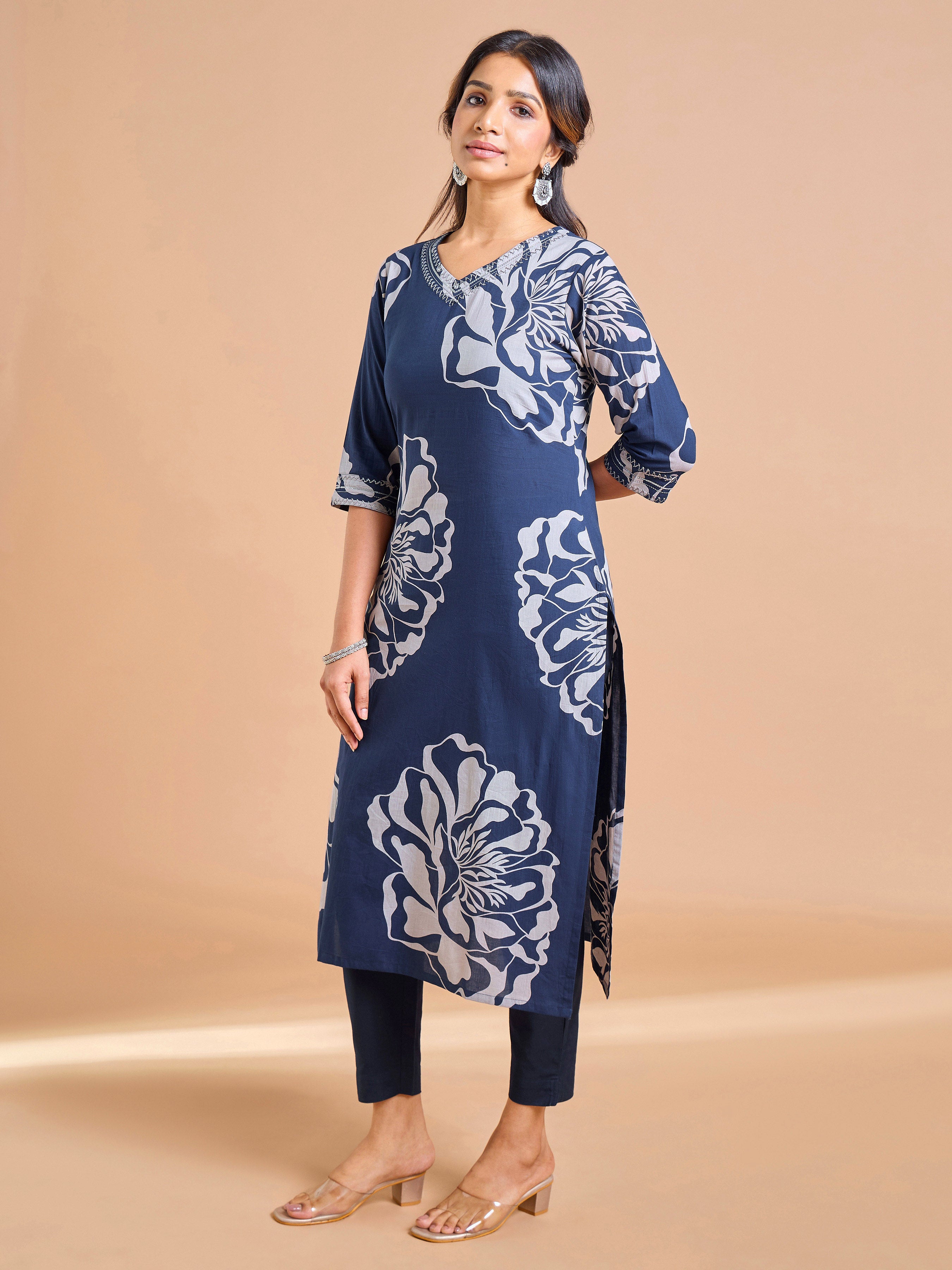 Navy Blue Pure Cotton Printed Kurti Embroidery