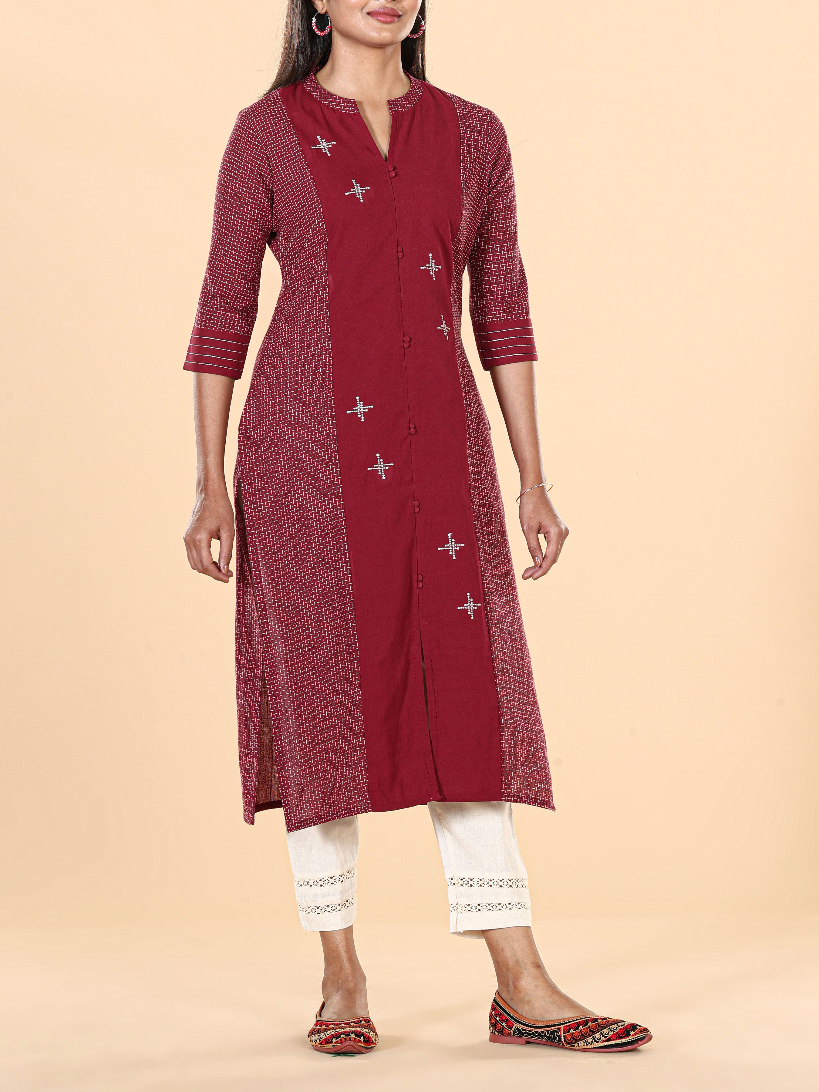 Maroon Cotton Dobby Kurti With Embroidery