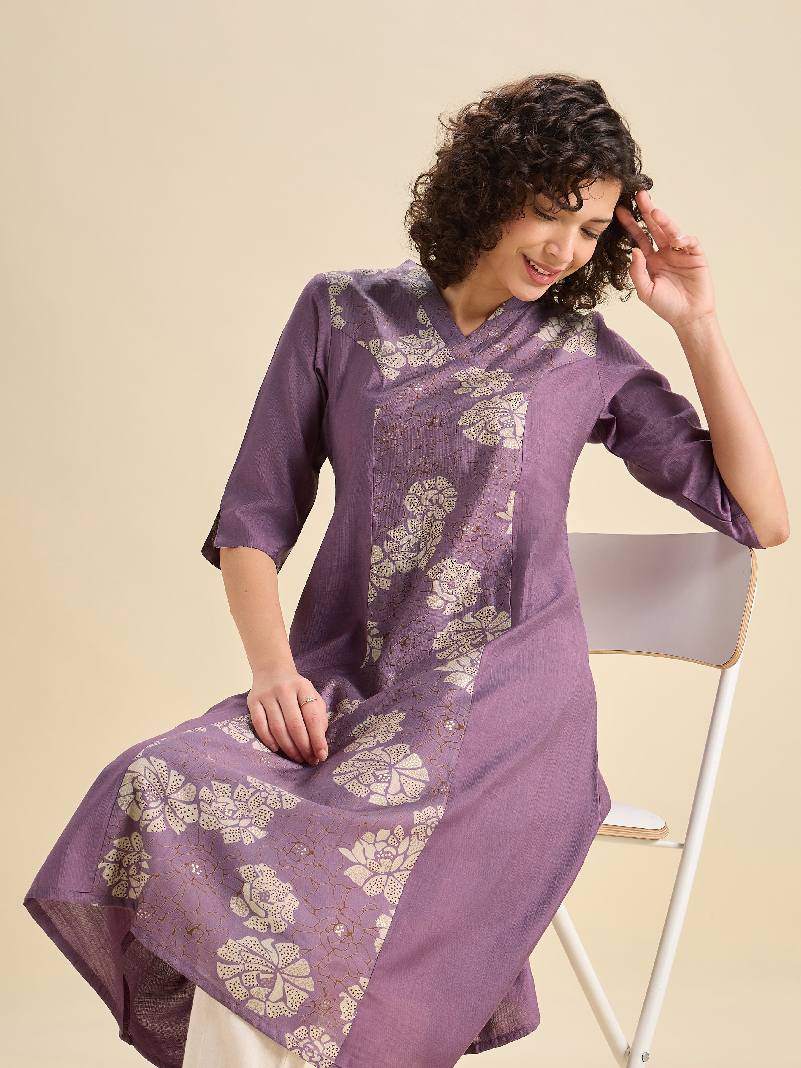 Purple Modal Chanderi Princess Cut Printed Kurti