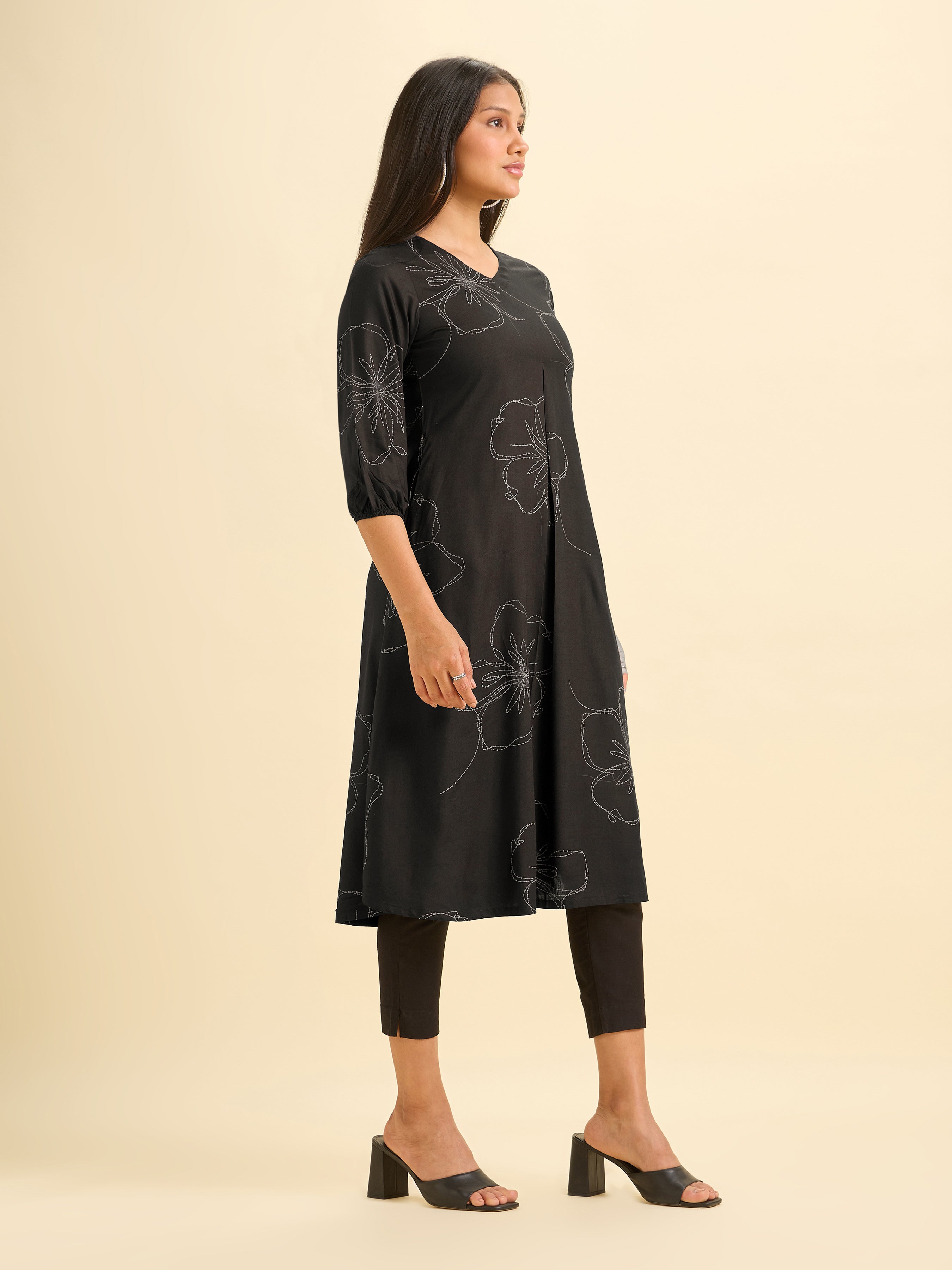 Black And White Tencel Printed Flared Kurti With Box Plaet