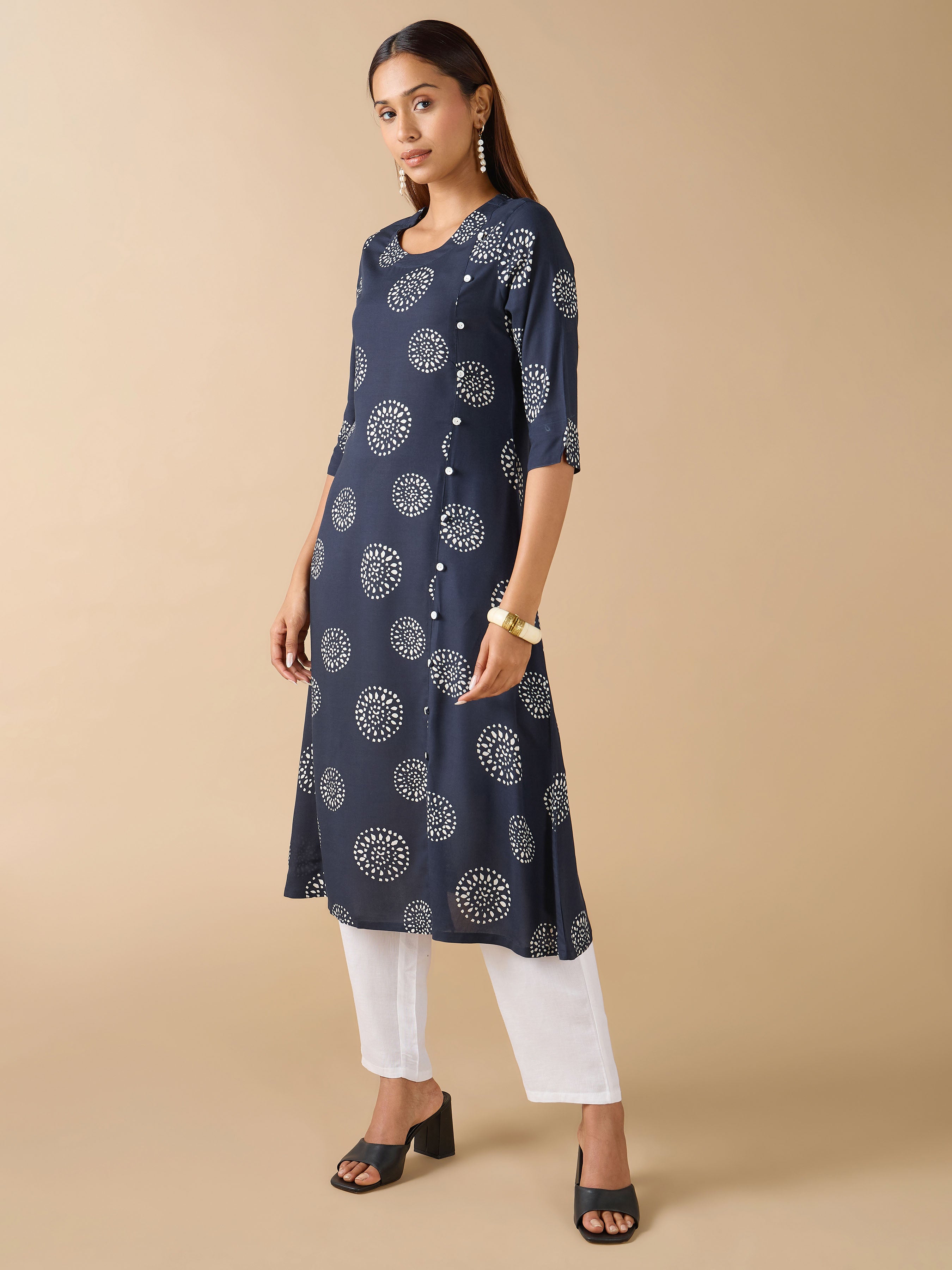 Navy Blue Viscose Print With Side Panel Kurti