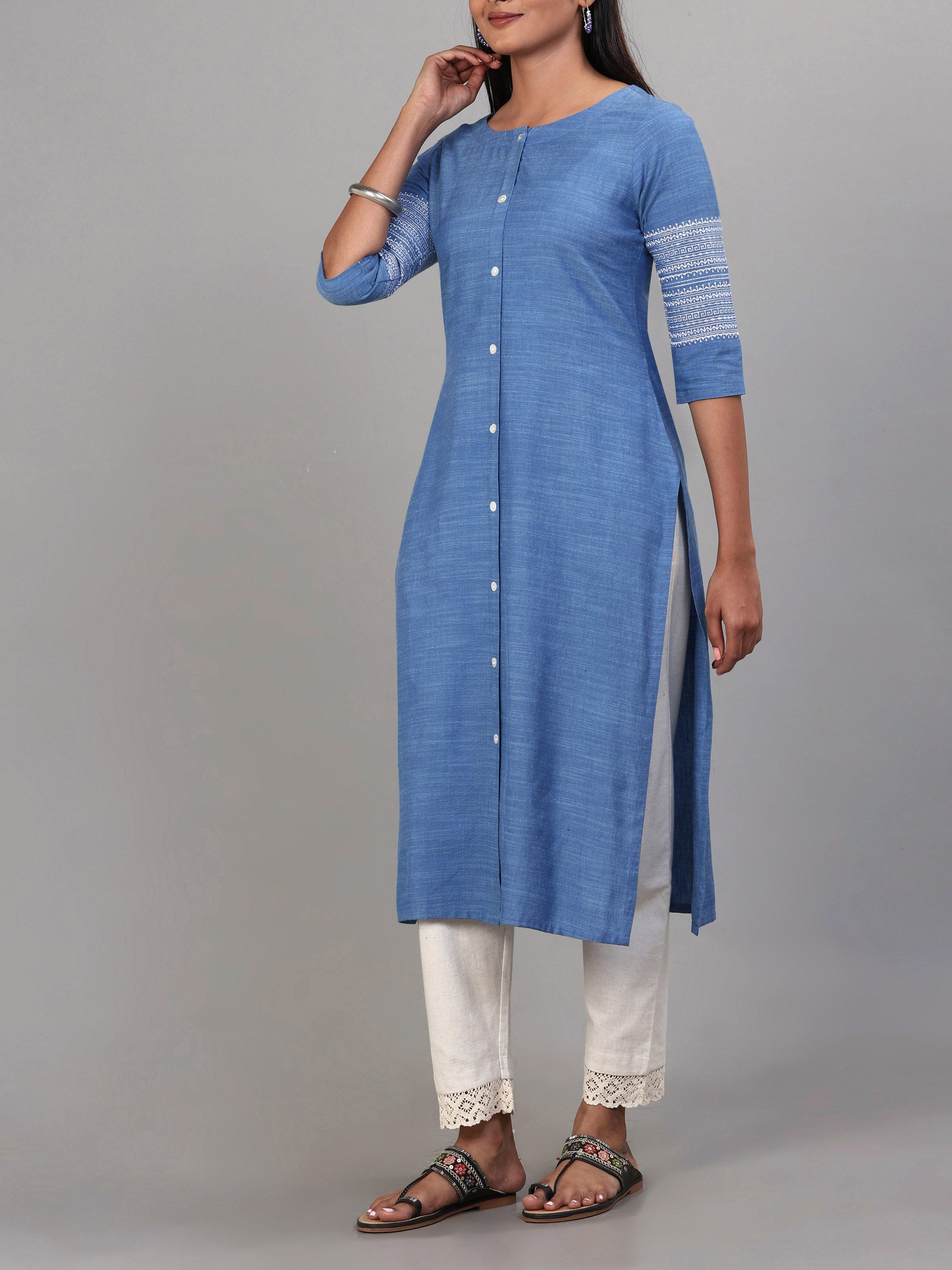 Light Blue Viscose Cotton Kurti With Embroidery